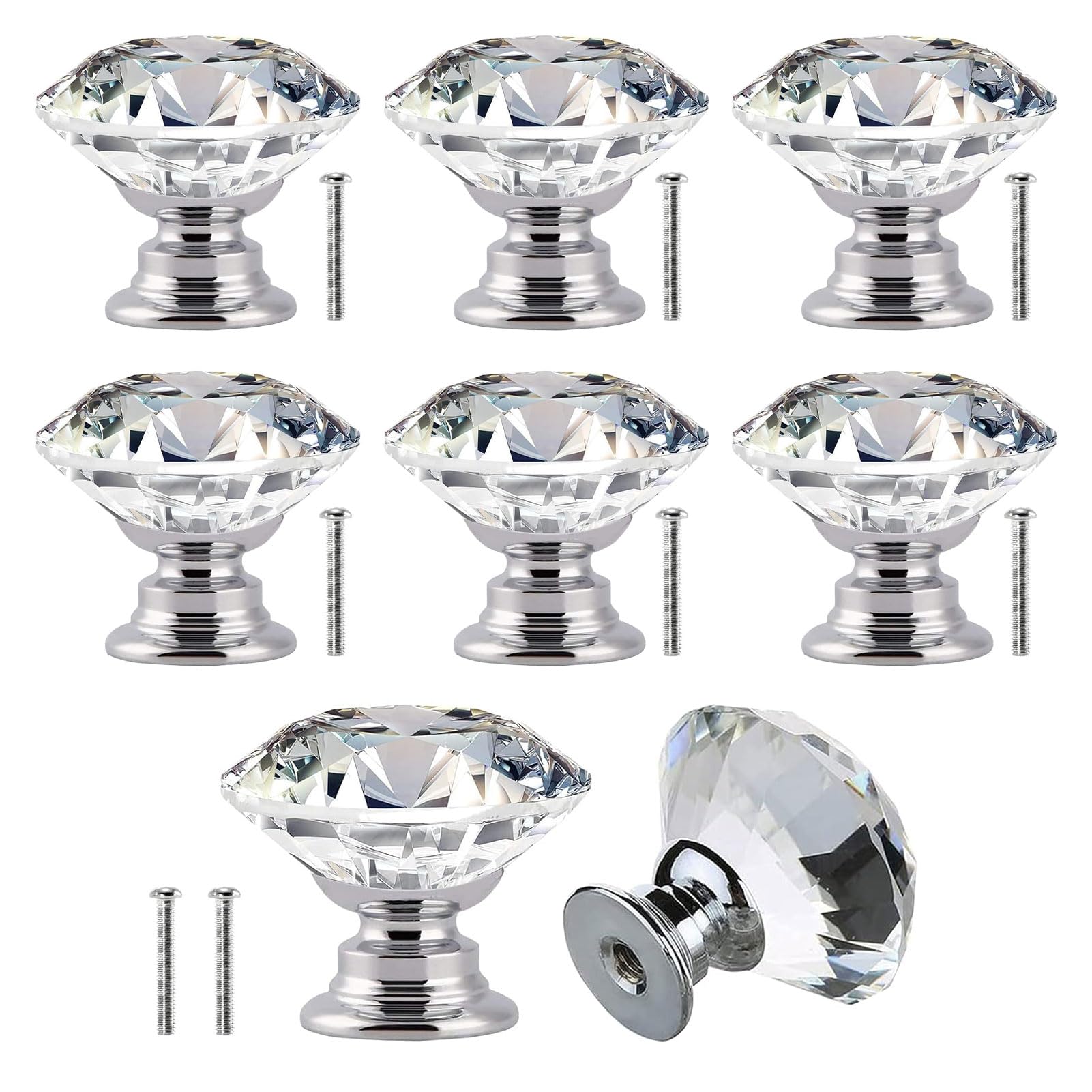 Watlikeup Crystal Door Knobs,8 PCS 20MM Crystal Glass Cabinet Door Knobs with Screws,Clear Door Handles for Cupboards Wardrobe