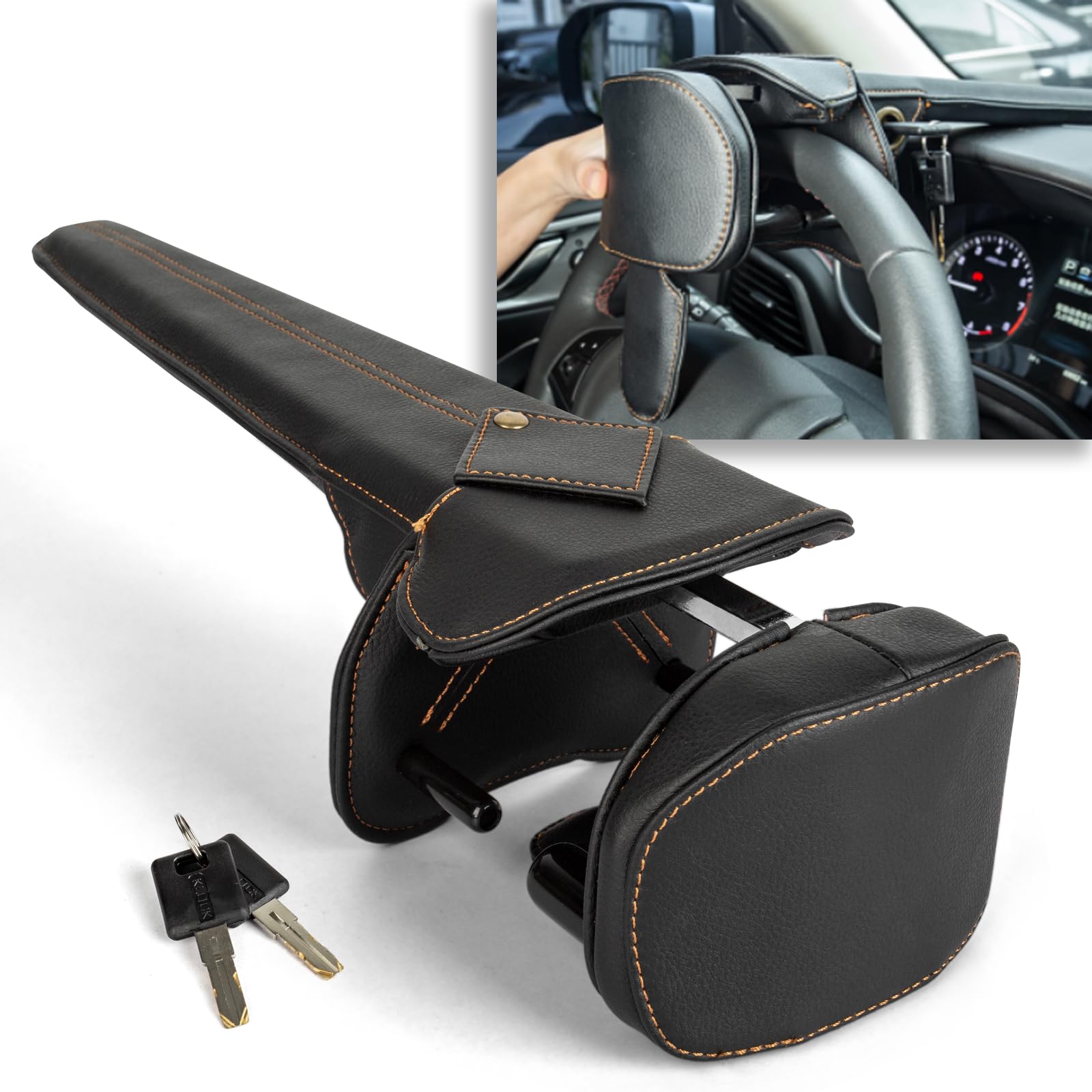 Artiglio per Volante con Doppia Protezione Antifurto - Bloccasterzo per Auto con Blocco Universale Regolabile Rivestimento in Pelle e 2 Chiavi Nero - Per Auto Camper SUV Camion