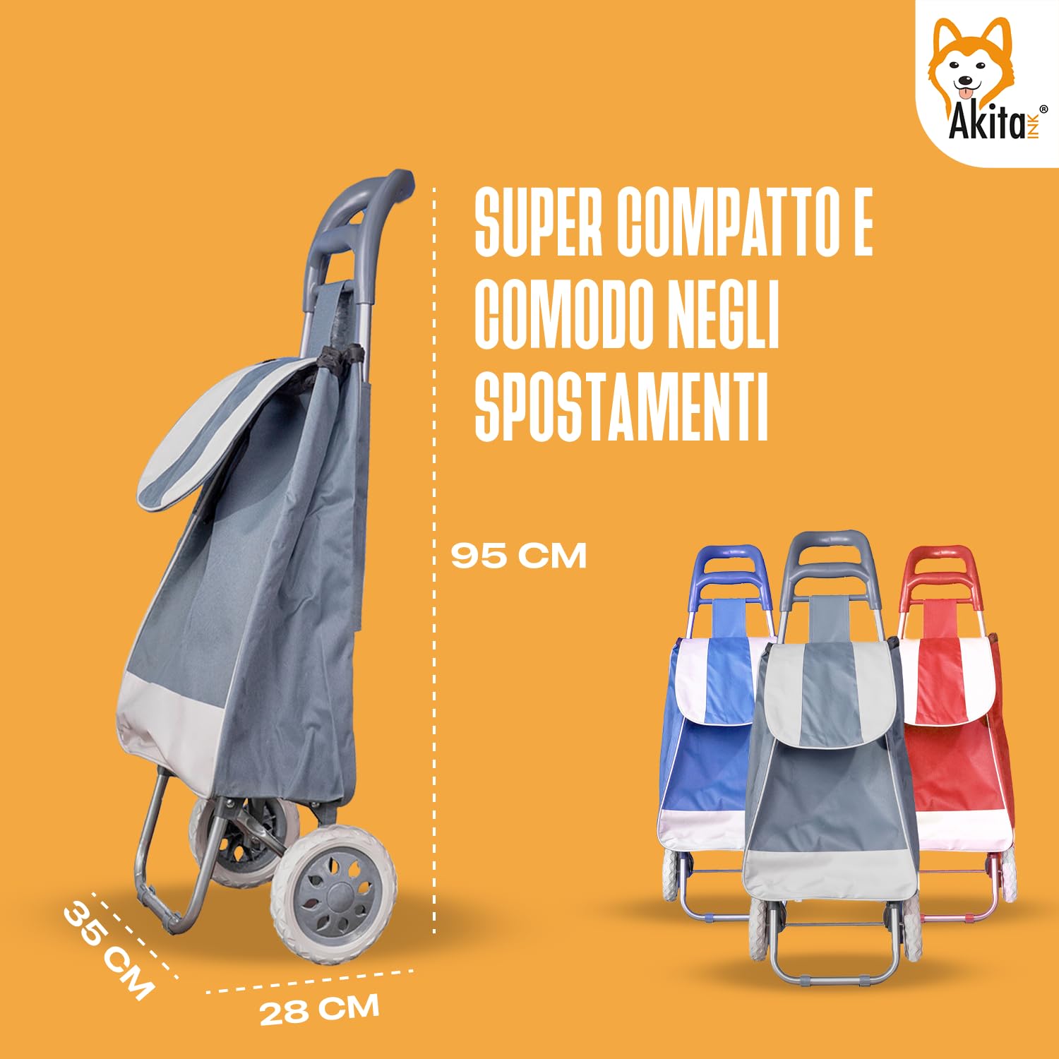 Akitaink Carrello Portaspesa leggero 42L, Design Italiano, 1.5 kg, Tasca con Zip, Antipioggia, Trolley porta spesa leggero impermeabile 95x35x28 cm