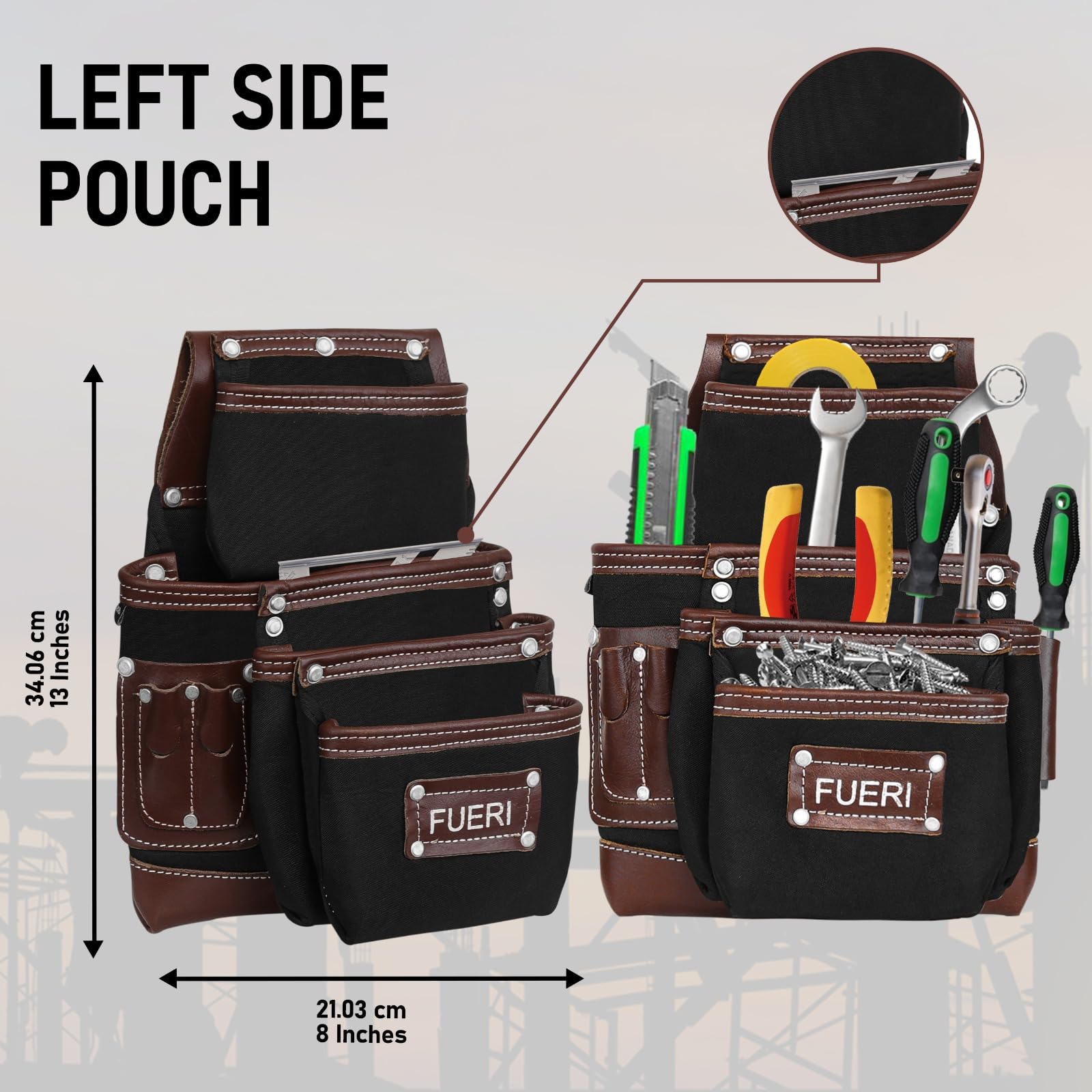 FUERI Cintura porta attrezzi da uomo in nylon e pelle, resistente, set con 2 sacchetti, supporto per pinze, cintura imbottita in schiuma e passanti per carpentieri, falegnami, elettricisti e strumenti