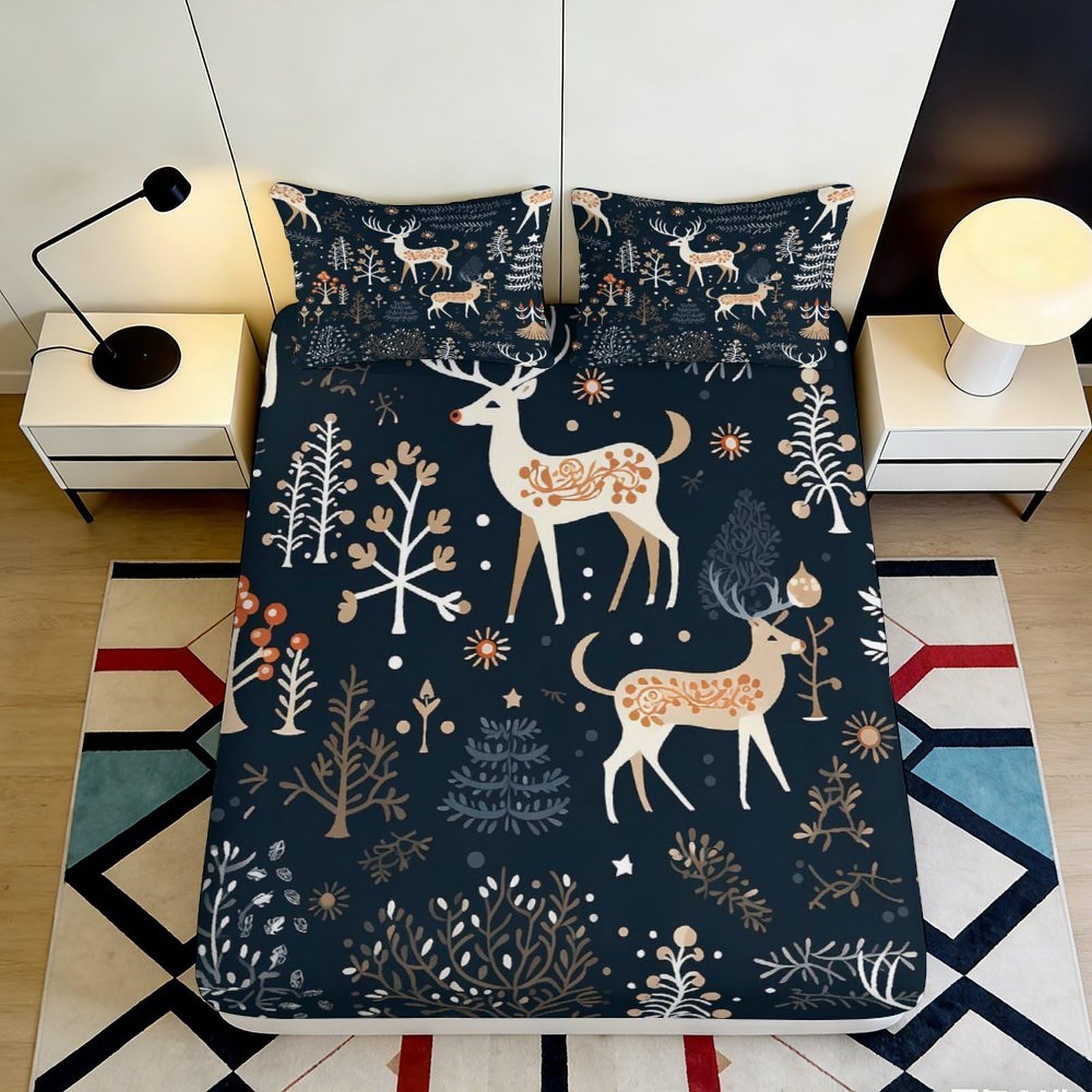 3D Printed Forest Deer Fitted Sheet Microfiber Soft Decor Woodland Animal Bed Cover for Bedroom Guest Room 90x200x25cm