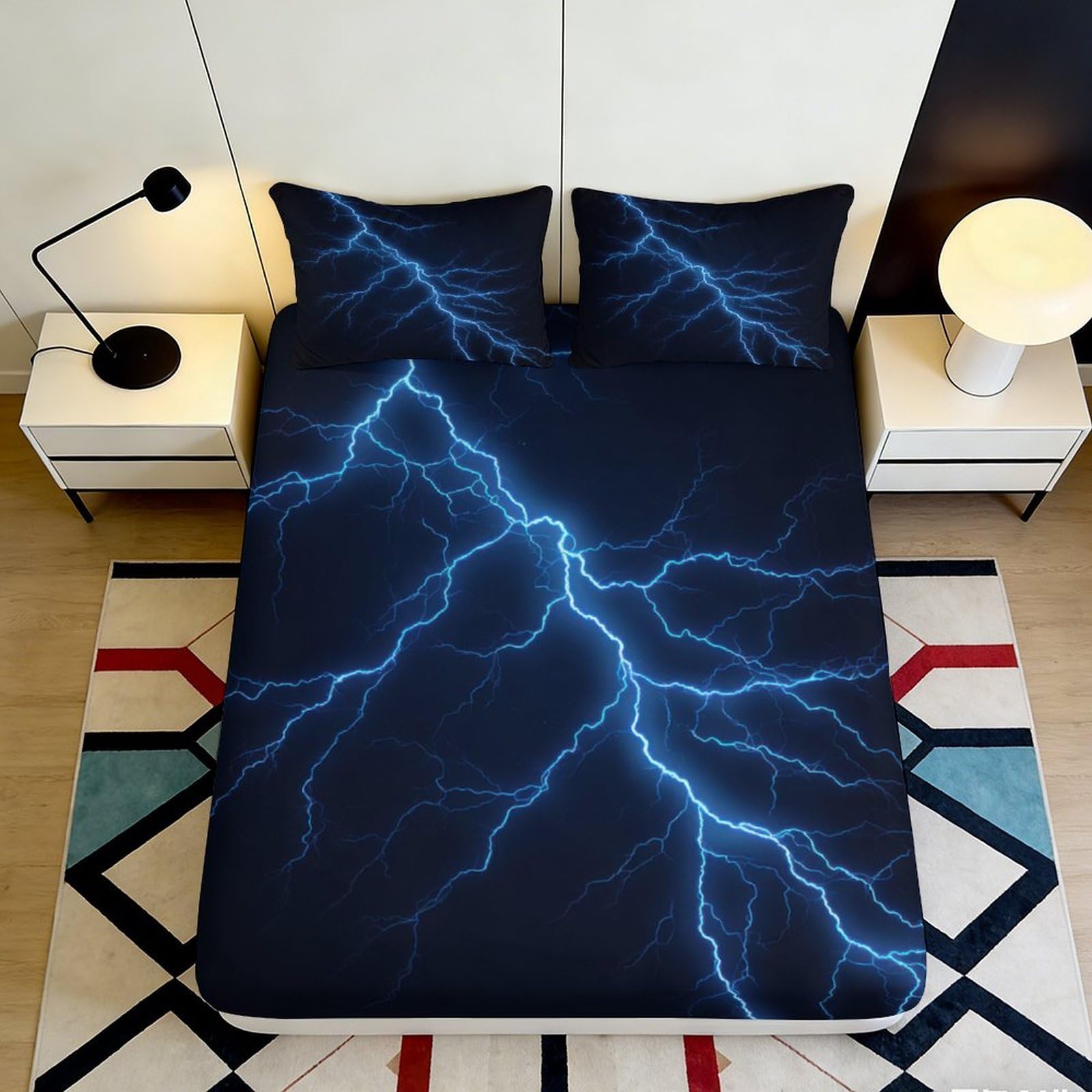 3D Printed Lightning Storm Fitted Sheet Microfiber Dark Blue Thunderbolt Bed Cover Mattress Protector Bedroom Decor 160x200x25cm