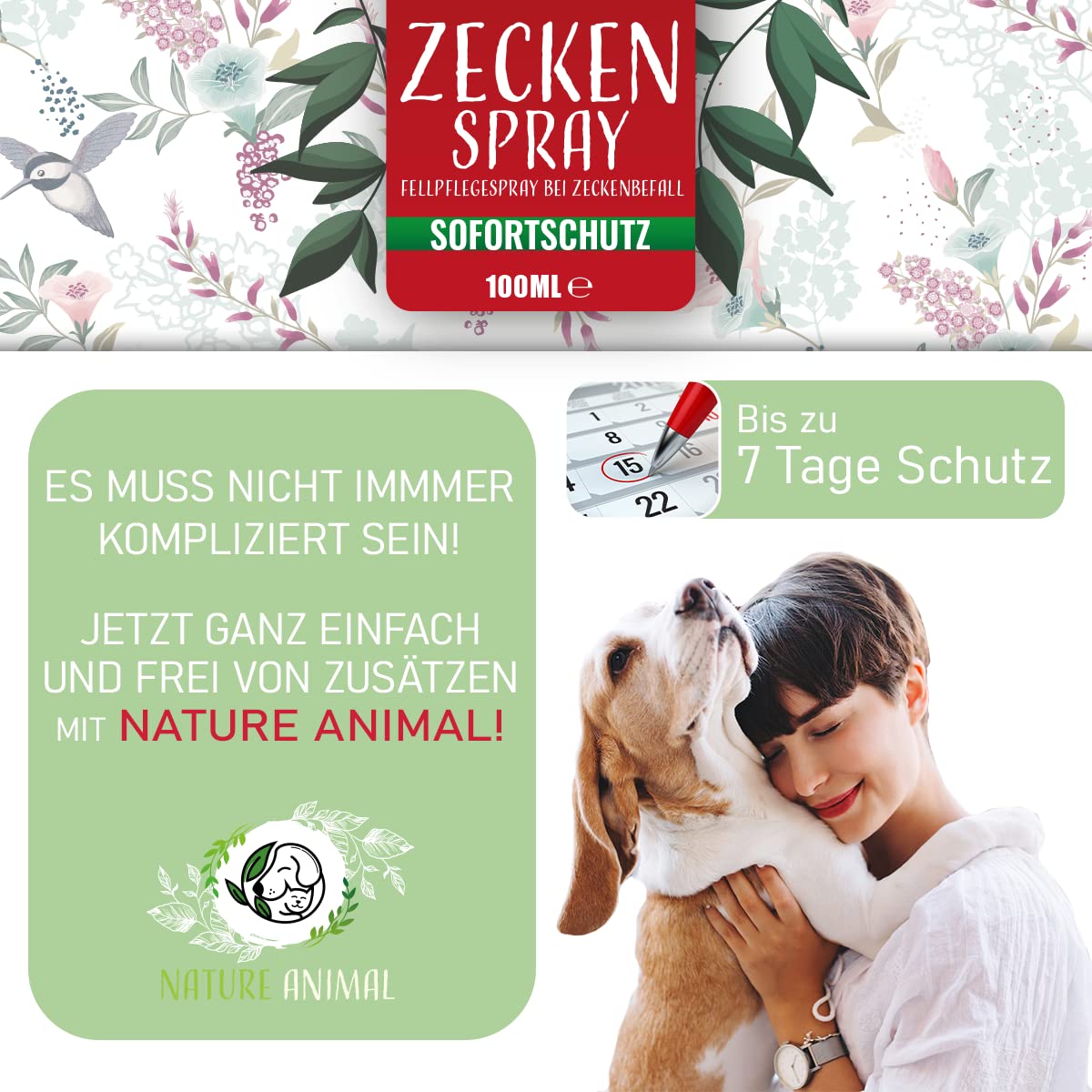 Nature Animal® 2X ZECKENSCHUTZ Spray für Hunde + Katzen mit Sofortwirkung – ZECKEN Abwehr für Ihr Haustier – natürliche Behandlung hochwirksam