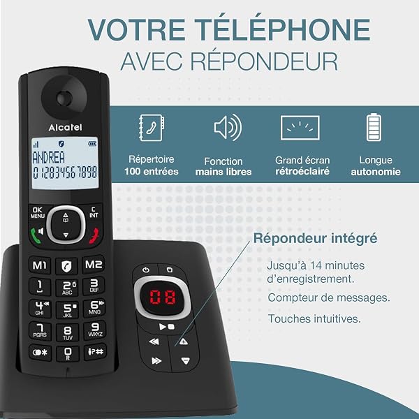 ALCATEL F530 Voice Duo - Téléphone Fixe Sans Fil DECT Avec Répondeur - Grand Écran Rétroéclairé - Mains Libres - Fonction Blocage Des Appels - 2 Touches De Mémoires Directes - 2 Combinés - Noir - 2
