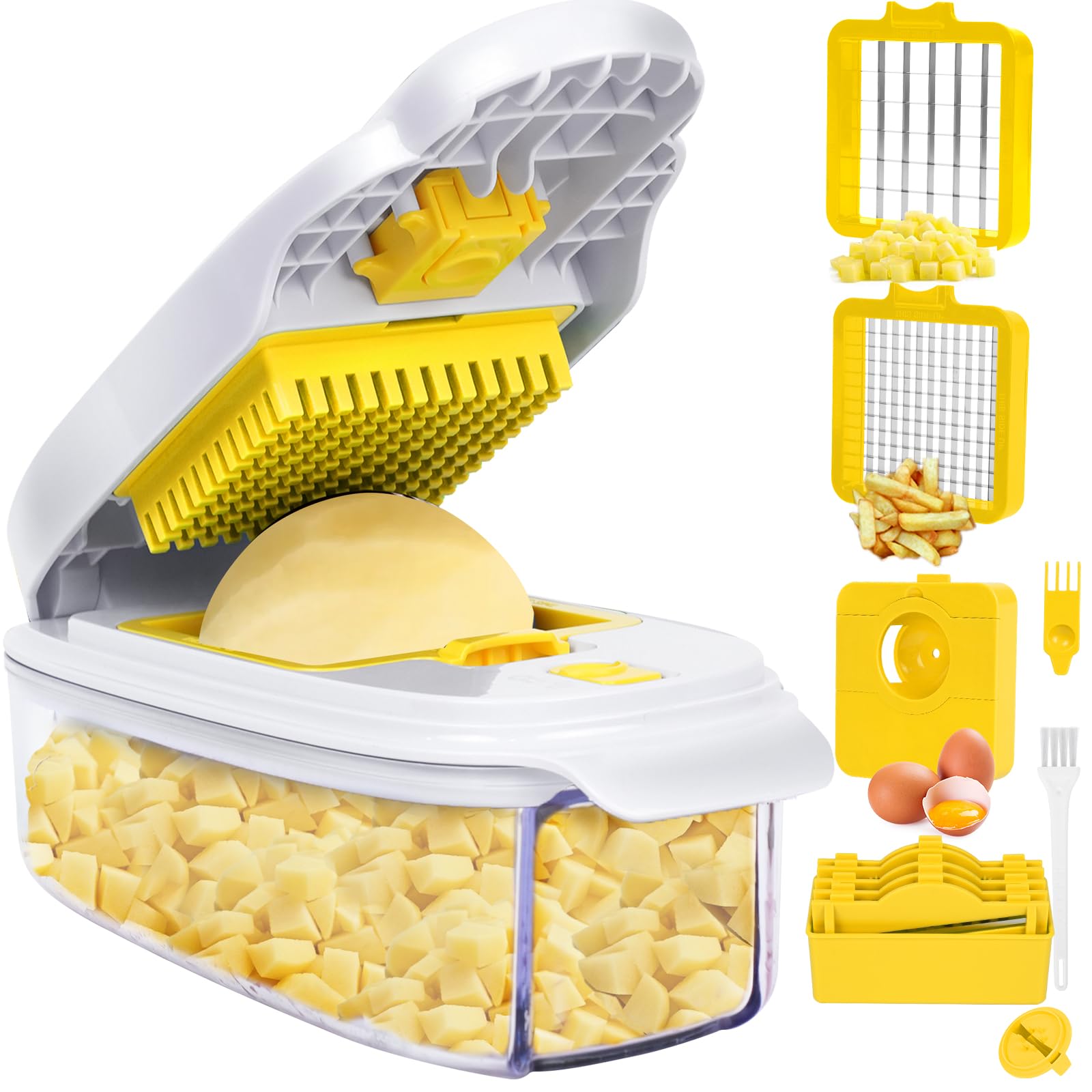 AISHUJIE 14-in-1 Vegetable Chopper Multi-Function Slicer with 2mm Thin Cut, Egg Separator, Crinkle Blade & Quiet Motor for Low-Carb Cooking (White & Yellow 8 in1)