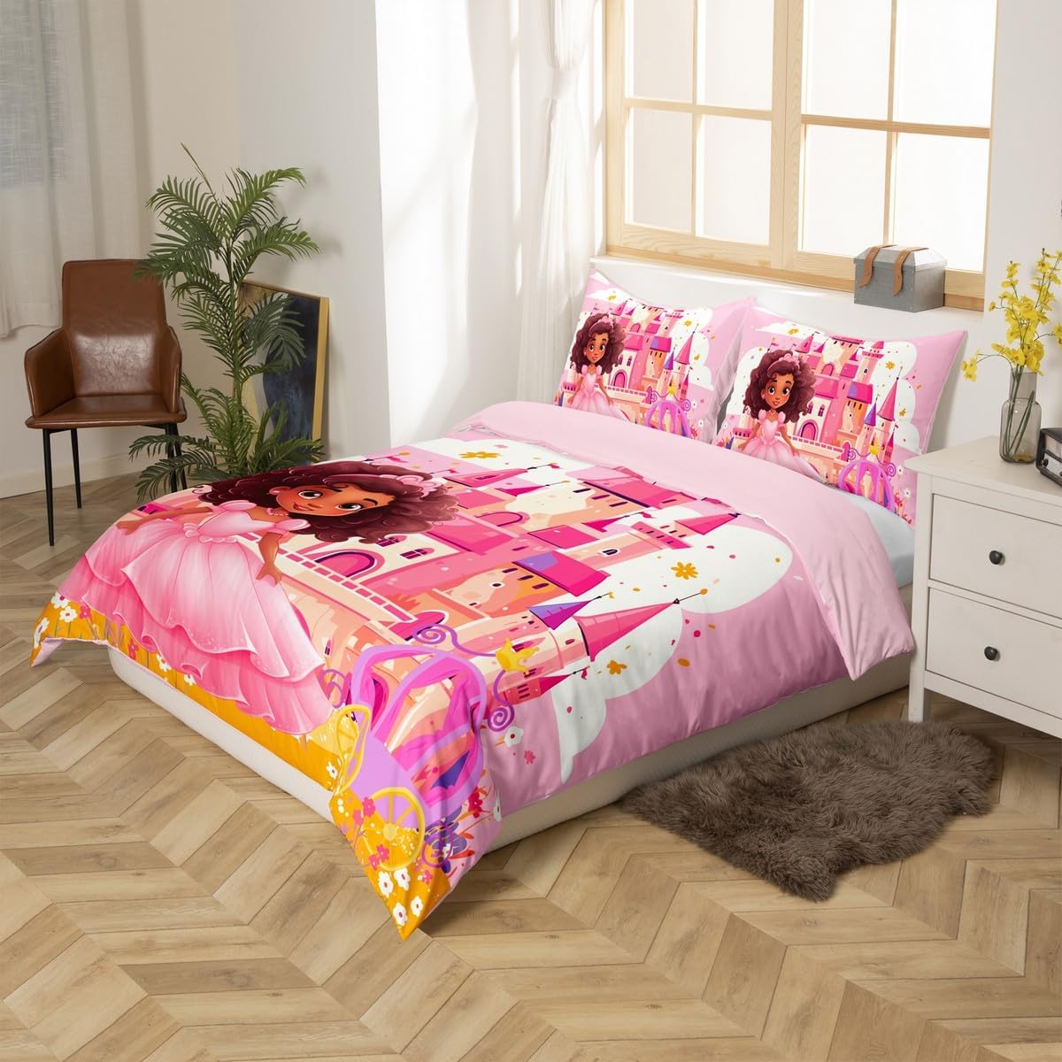 Black Princess Duvet Cover Twin Size 2 Pcs,Dreamy Castle Carriage Pink Girly Bedding Set for Kids Girls Kawaii Room,Fairy Tale Garden Floral Fantasy Quilt Cover(No Filler) for All Season