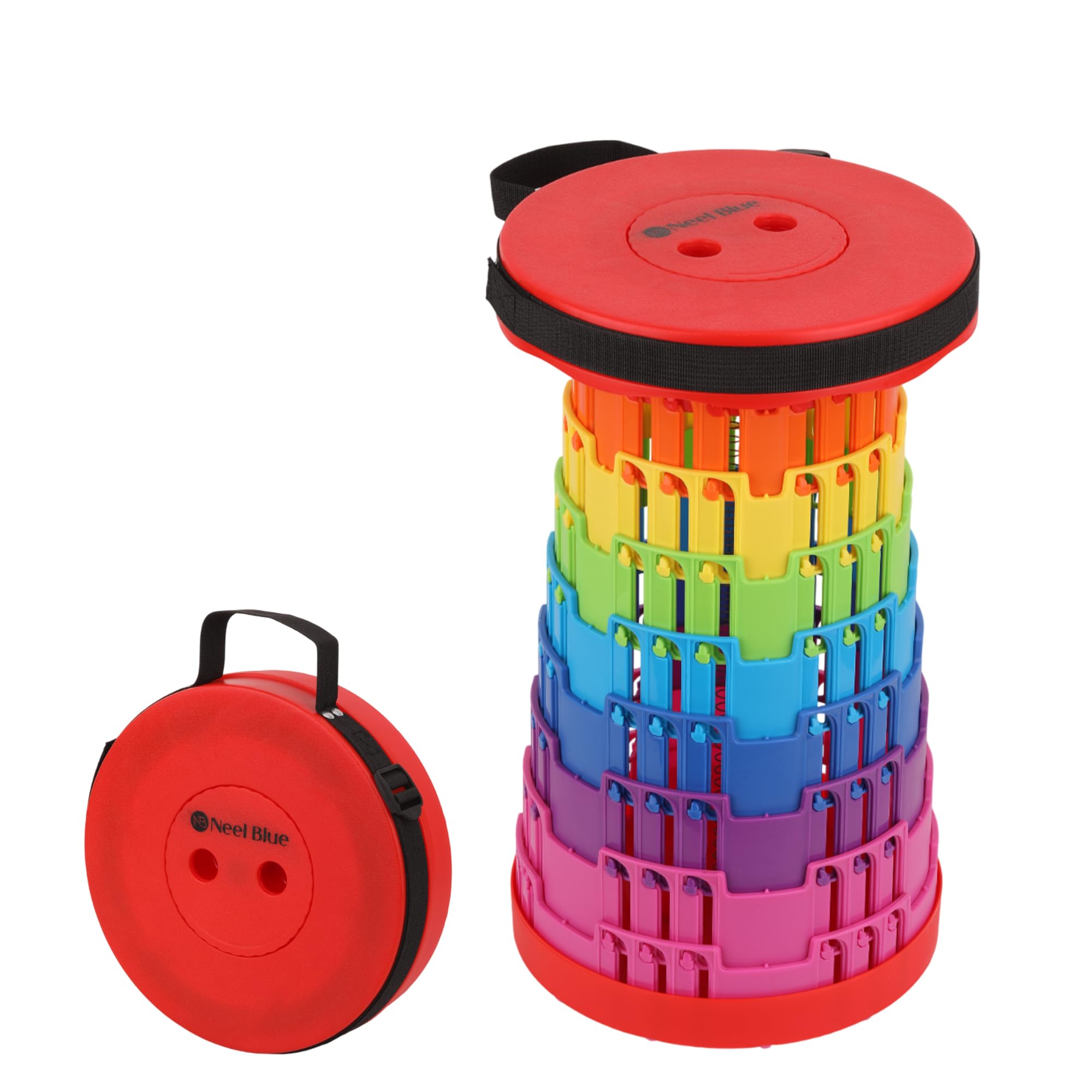 Event Decor Shop Telescopic Foldable Camping Stool High Strength, Collapsible, Adjustable & Retractable Plastic Seat for Indoor & Outdoor - Events and Activities - Rainbow - Red