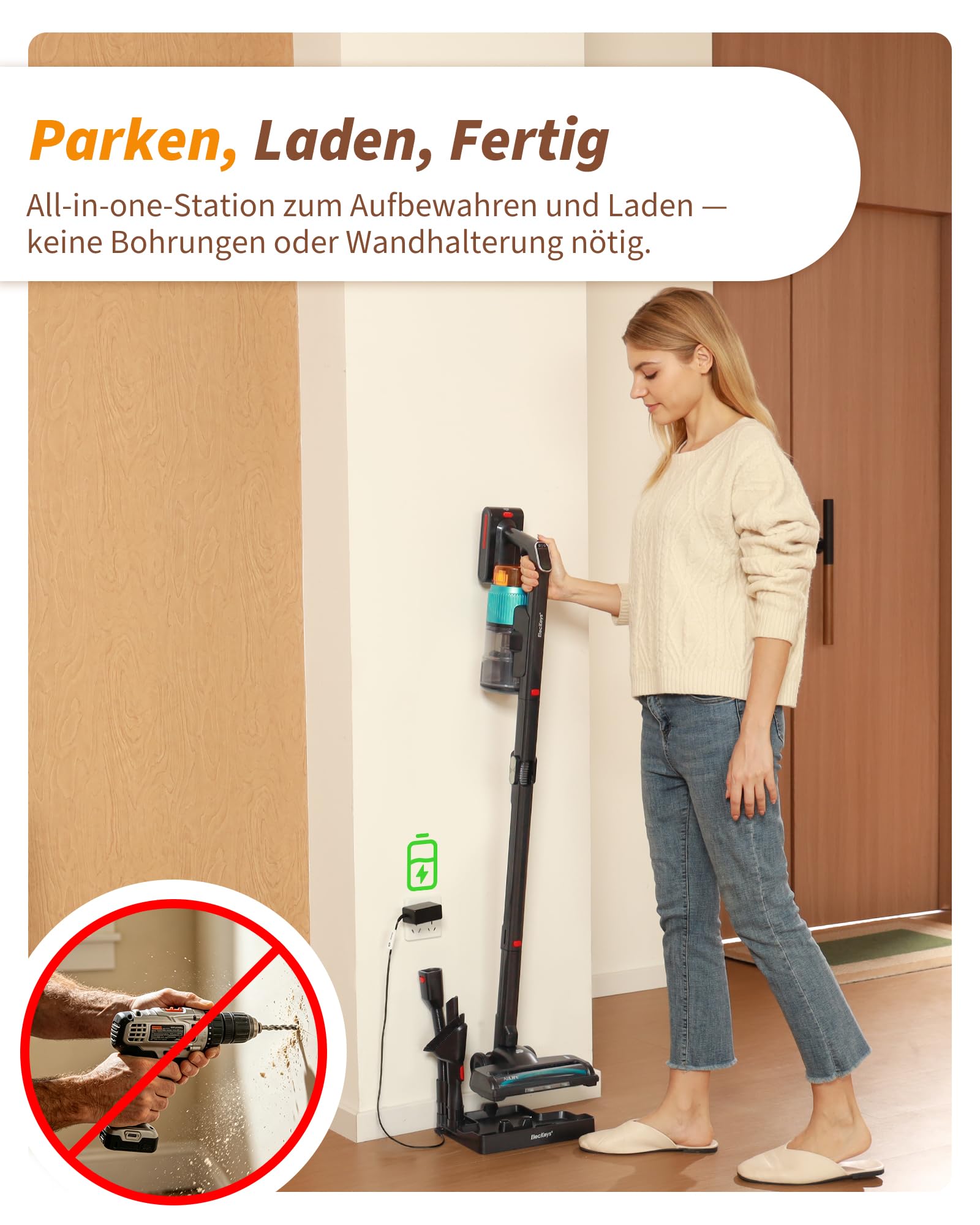 ElecKeys Akku Staubsauger 55000Pa/650W/65Min, Staubsauger Kabellos mit Lade-/Aufbewahrungsstation, Faltbar, Selbststehend, Anti-Tangle-Bürste, Akkustaubsauger für Tierhaare Teppiche Hartböden Auto