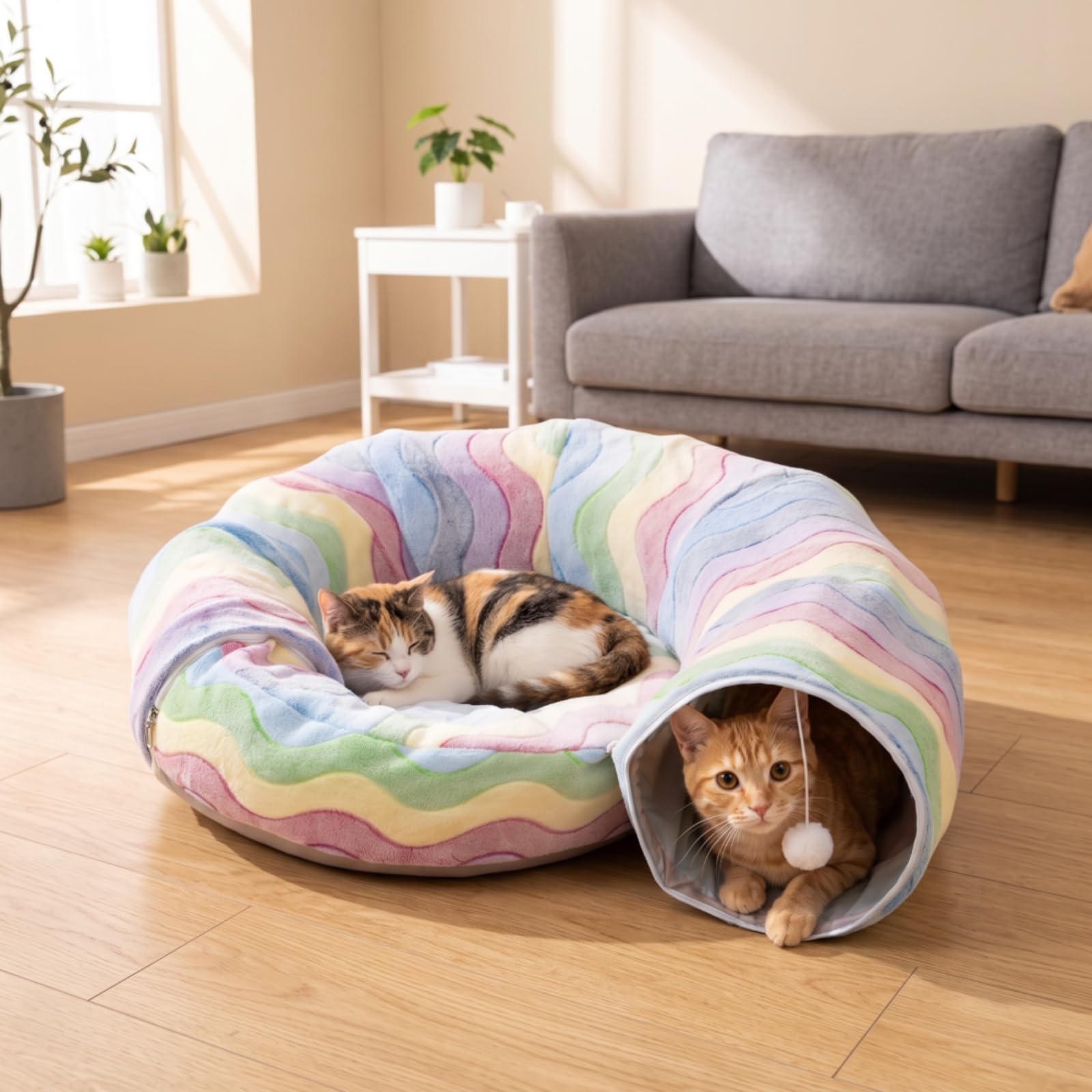 Conducto Peluche Acolchado Conducto Plegable Transpirable Juguete para s, Interiores, Túnel De Gato De Doble Capa con Diseño De Caracol De Rayas Arcoíris, Plegable para Juegos Interactivos