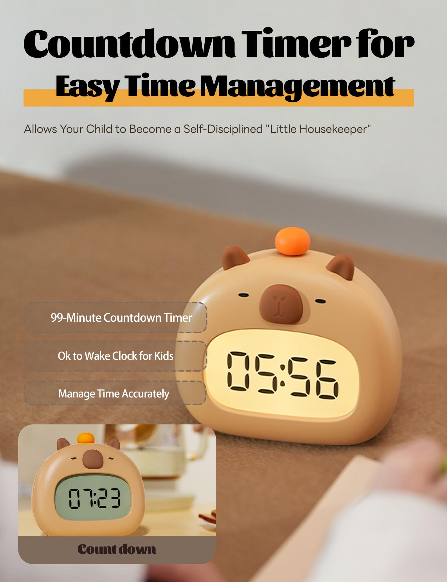 IHALO Capibara Sveglia Bambini, Comodino con Luce Notturna, Display Digitale LED 3,15 Pollici, Tre Allarme, Modalità Weekend, Data, Ora, Temperatura, Ricaricabile, Decorazione Cameretta per Bebè