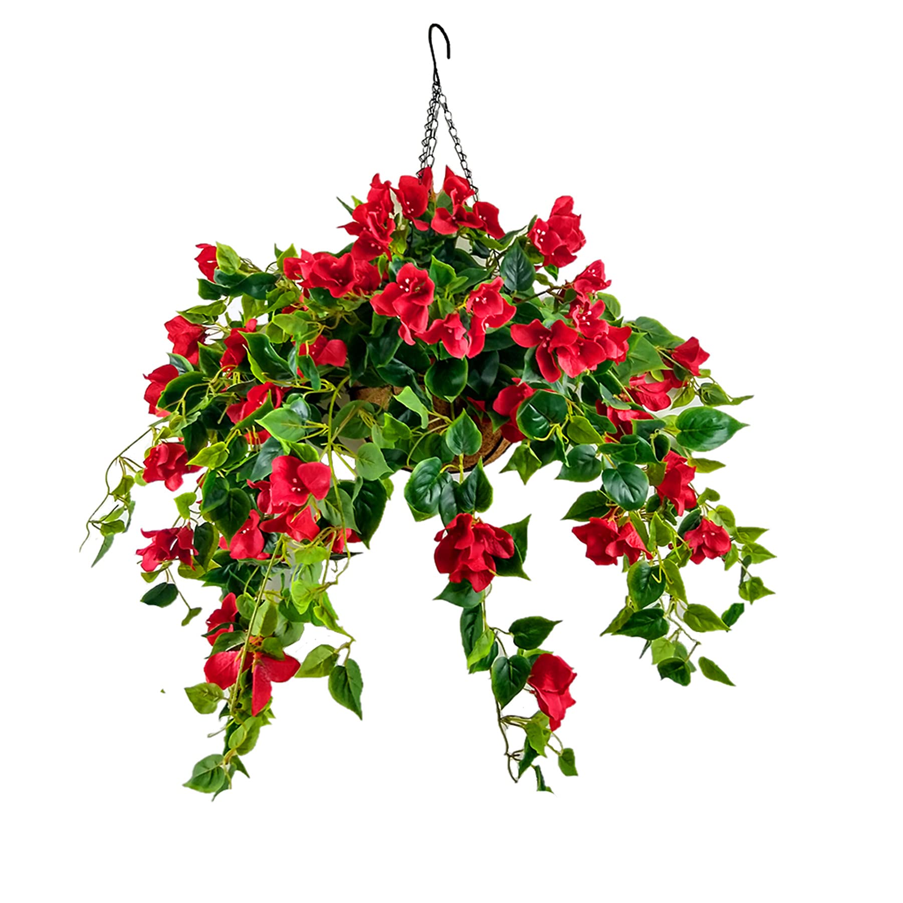 Fake Flower Vine Artificial Bougainvillea Rattan Flower Basket Red Silk Flowers DIY Chain Hanging Basket Flower Pot (Medium Basket)