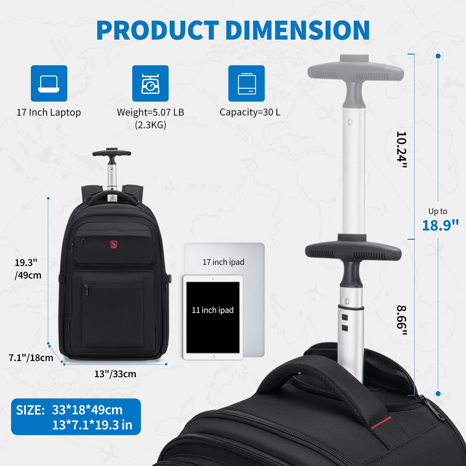 OIWAS Mochila con ruedas para laptop, mochila con ruedas, mochilas de viaje con ruedas, mochilas para laptop de 15.6 pulgadas, negro a, 17", Clásico