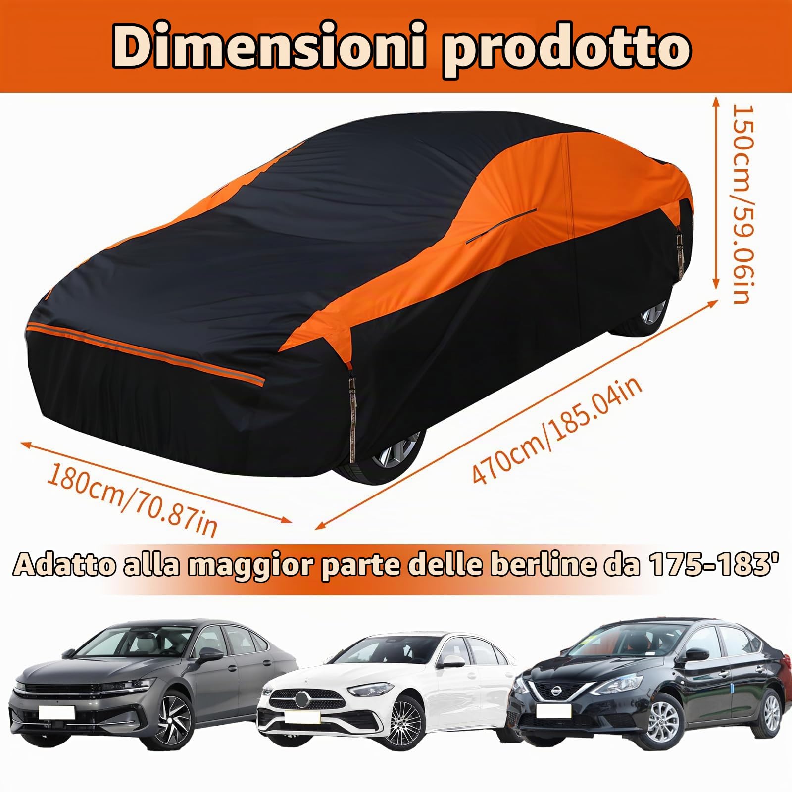 Telo copriauto impermeabile a 6 strati, universale, per esterni, con fodera in cotone e cerniera, per pioggia, neve, raggi UV, polvere, tutte le condizioni atmosferiche, traspirante, copertura