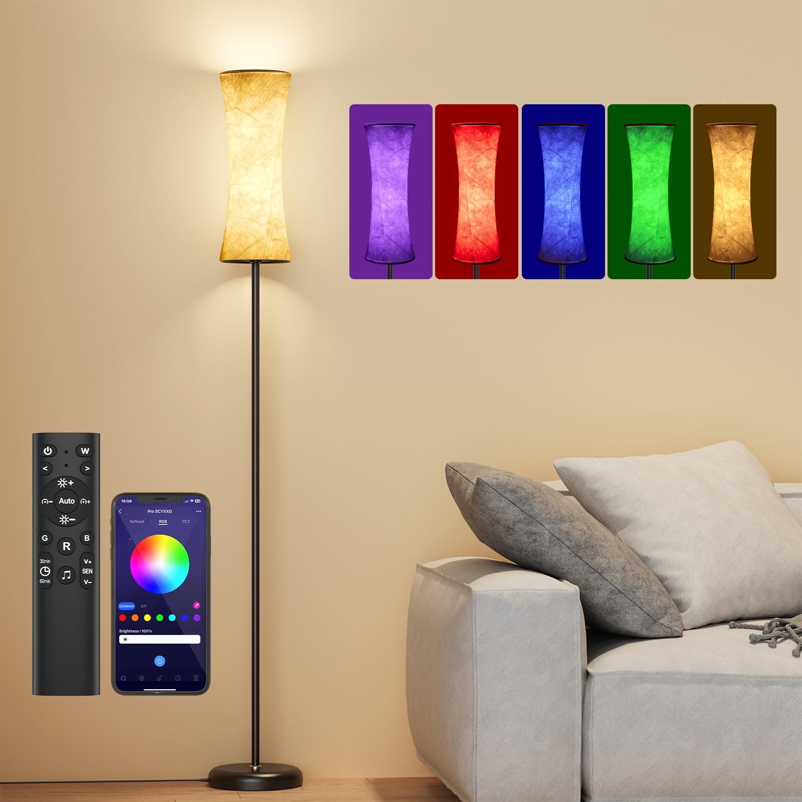 Amedelne RGBW - Lámpara de pie moderna inteligente de 12 W con mando a distancia, de tela, luz ambiental para fiestas, sala de juegos, cámara de círculo, RGBW