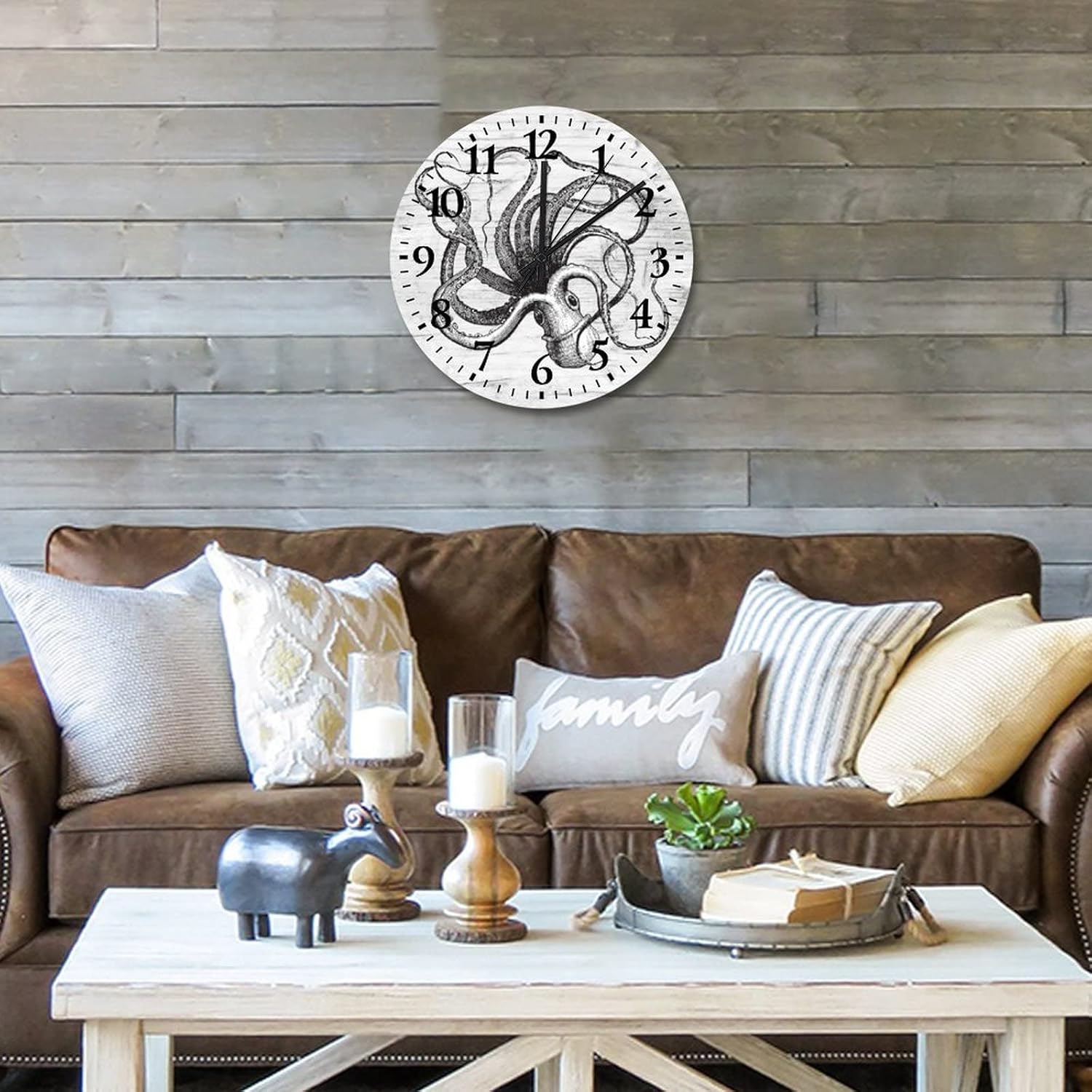 Clock Ocean Animal Octopus Kitchen Wall Clock Non Ticking Arabic Numbers Seashells Sea Themed Round Clock for Dining Room Decor 15 Inch