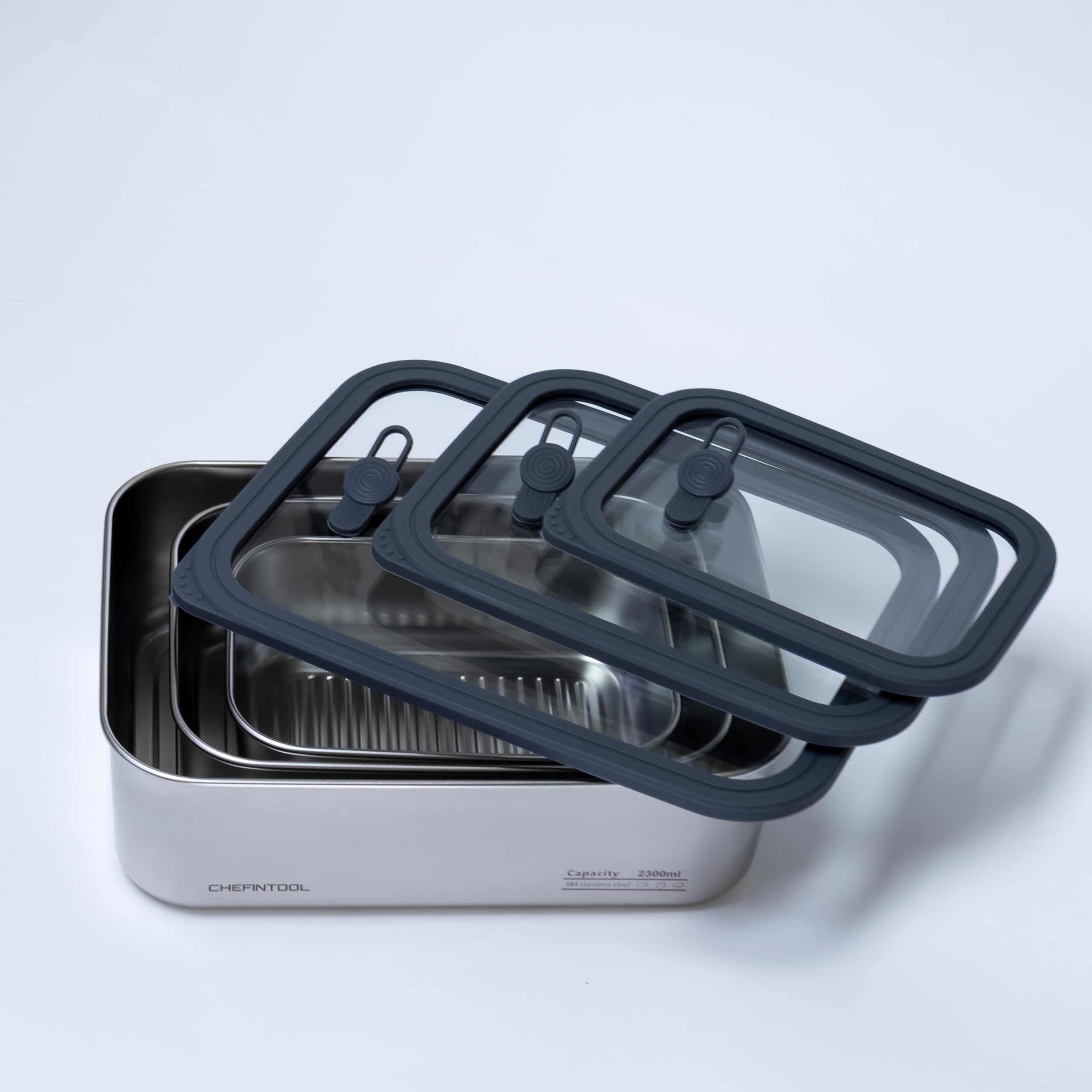 Set di contenitori per il pranzo in acciaio inox con coperchi in vetro, 3 contenitori impilabili per alimenti Bento (650 ml/1300 ml/2300 ml), ermetici, a prova di perdite, senza BPA, adatti