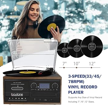 Boytone BT-32W Bluetooth Classic Record Player Turntable All-in-One Bookshelf System with AM/FM Radio, CD/Cassette Player, Stereo Speakers, Record from Vinyl, Radio, and Cassette to MP3, USB/SD, AUX