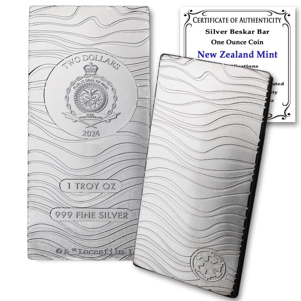 2024 1 oz Niue Silver Mandalorian Beskar Bar Coin by The New Zealand Mint Brilliant Uncirculated with Certificate of Authenticity $2 BU