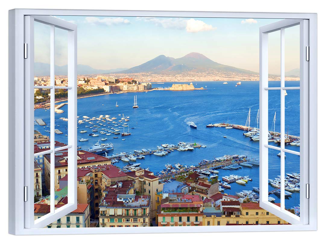 LuxHomeDecor Quadro finestra sul golfo di Napoli vesuvio 100x75 cm Stampa su Tela con Telaio in Legno Arredamento Arte Arredo Moderno