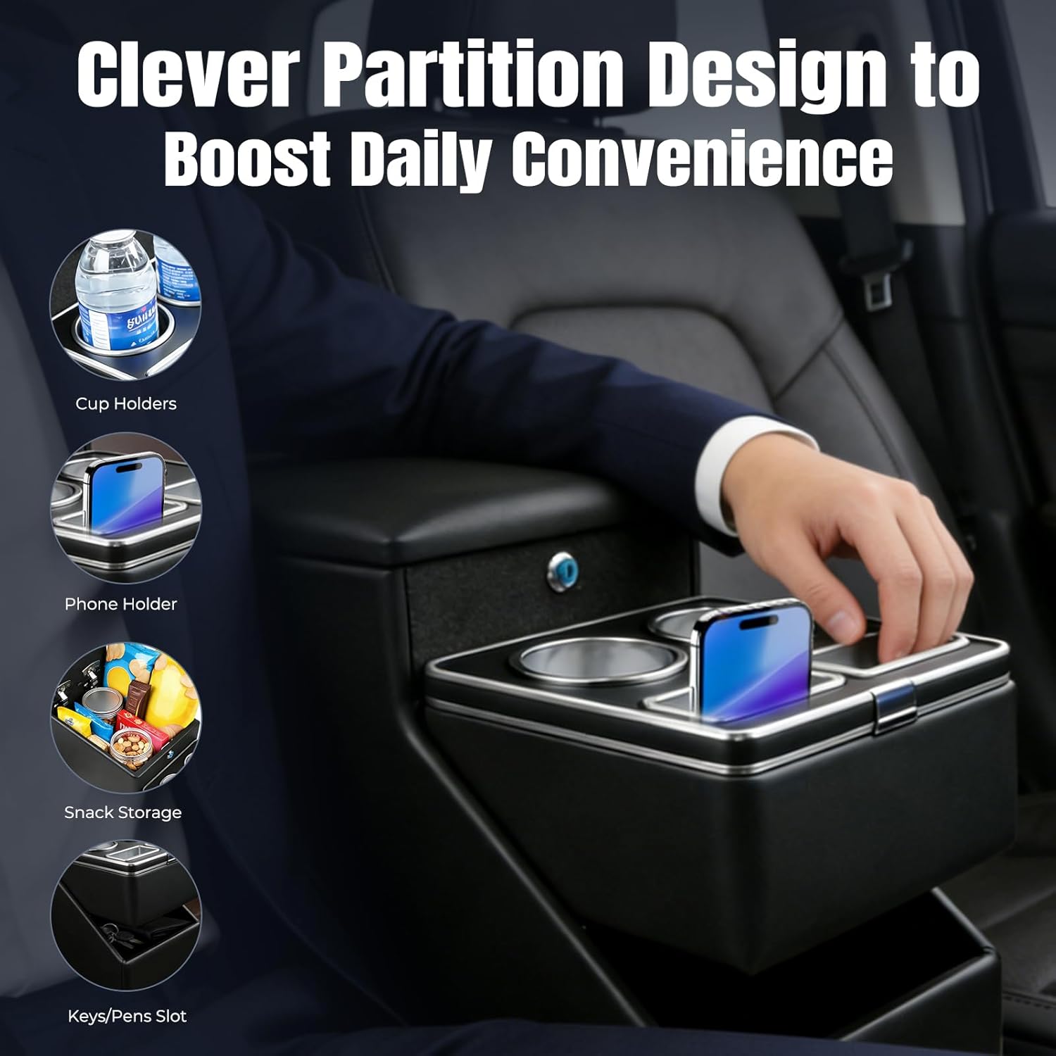 Vehicle Center Console Organizer - Floor-Mounted Lockable Storage with Dual Cup Holders, Fits Minivans, SUVs & Van Middle Seats 10.24 inch Wide