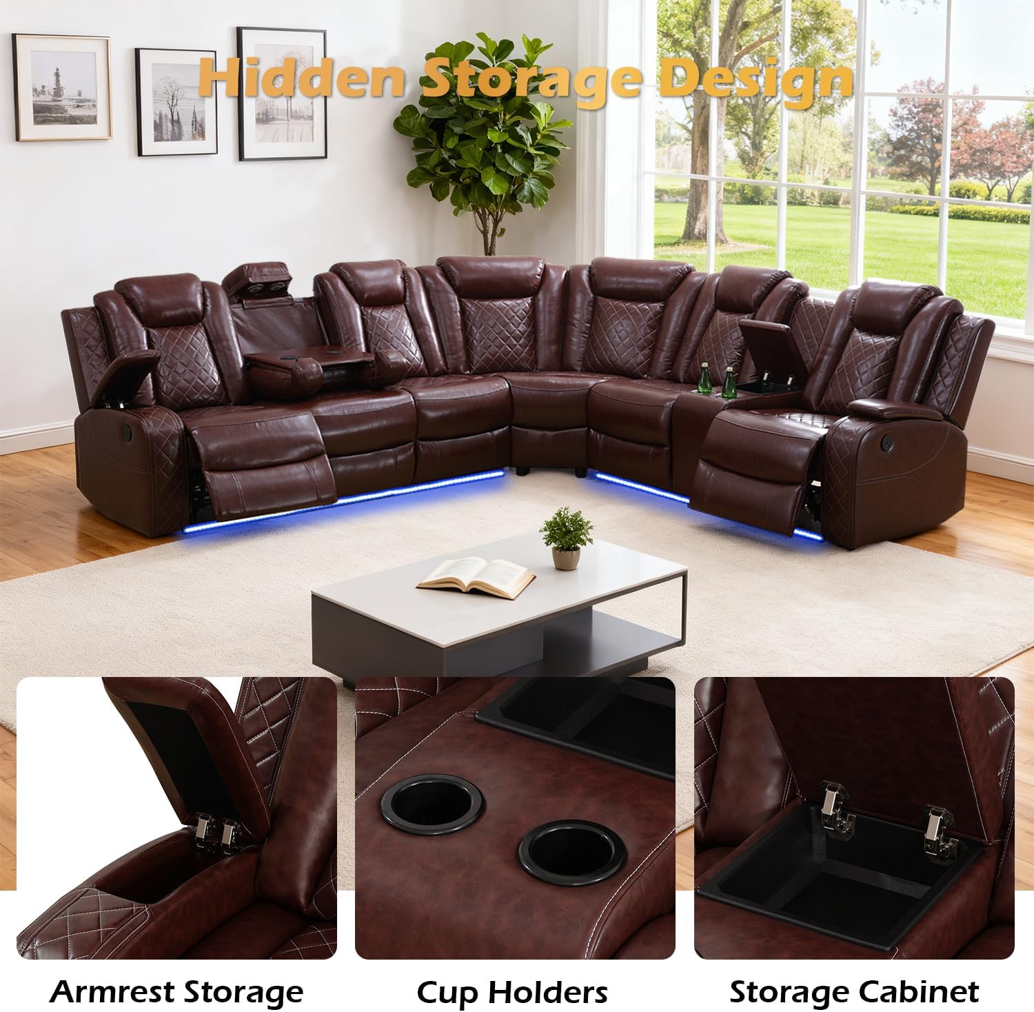 Leather Power Recliner Sectional Sofa Set with LED Light,L Shaped Leather Couch Set with 5 Recliner Seats,Modular Couch with USB Ports for Living Room Furniture(Red, Sectional+Sofa+Chair)