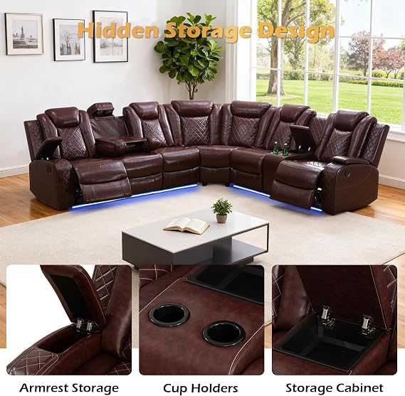 Leather Power Recliner Sectional Sofa Set with LED Light,L Shaped Leather Couch Set with Chair*2,Modular Corner Sofa with USB Ports for Living Room Furniture(Red, Sectional+Chair*2)
