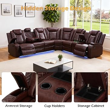 Leather Power Recliner Sectional Sofa Set with LED Light,L Shaped Leather Couch Set with Chair*2,Modular Corner Sofa with USB Ports for Living Room Furniture(Red, Sectional+Chair*2)