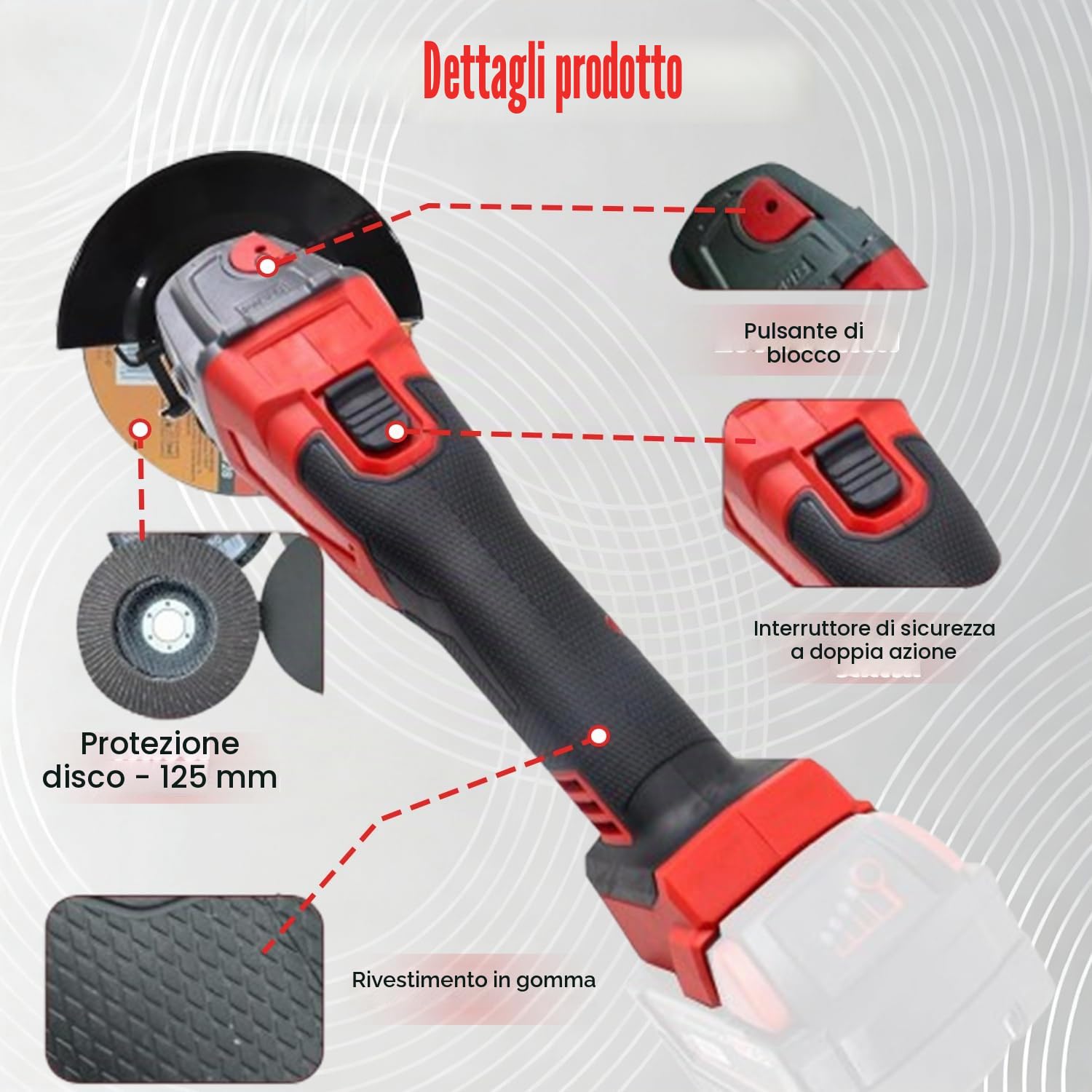 Smerigliatrice angolare a batteria compatibile con Milwaukee 18V, fresa angolare con ruote da 125 mm, strumento di levigatura senza spazzole 800W 12000 giri/min, smerigliatrice angolare con 6 dischi