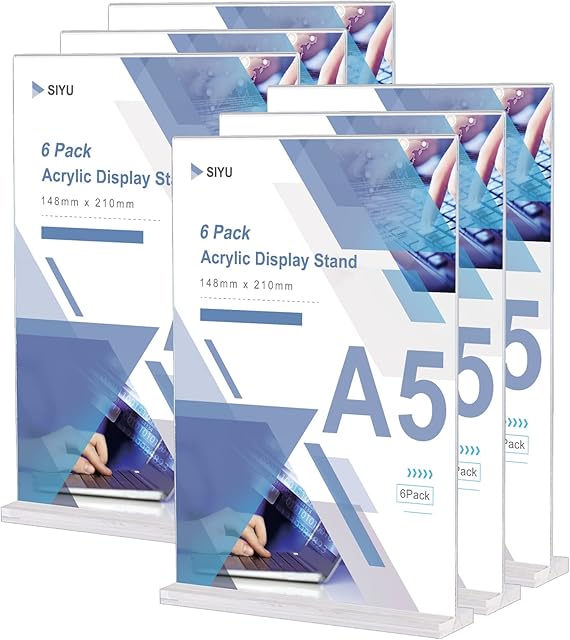 A5 Acrylic Sign Holder (6 Pack) Plastic A5 Display Stands, Clear Table Menu Holders Poster Sign Stands for Counter Shop Restaurant Hotel Office (T-Shape, Double-Side)