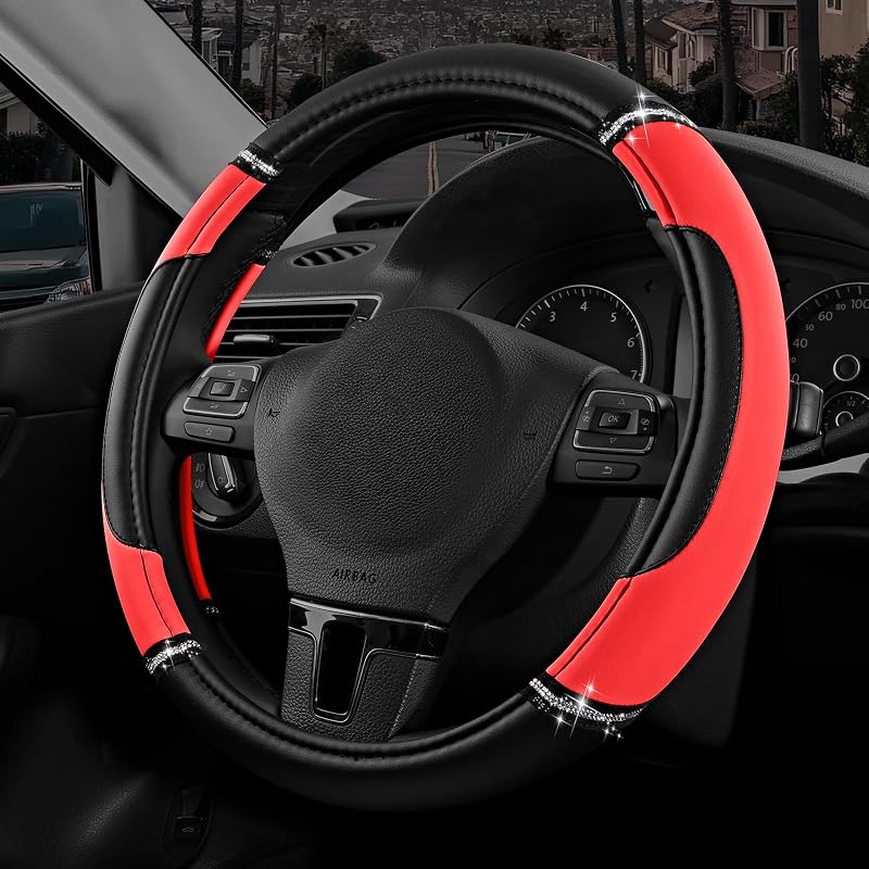 Capa para Volante Road Comforts em Couro PVC Vermelha, Antiderrapante, para Volantes de 36,8 a 38,1 cm