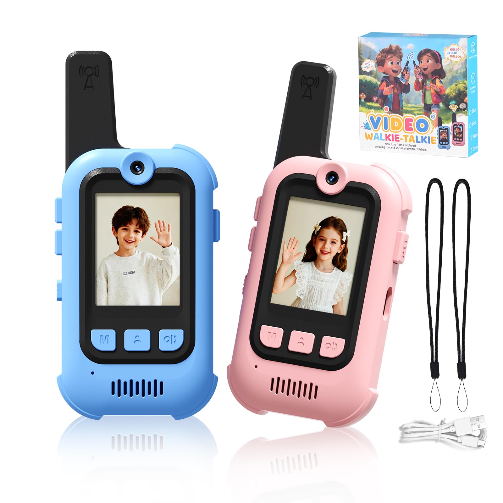 Video Walkie Talkies for Kids, 2 Pack Long Range Walkie Talkies with Screen & Voice Changer, Outdoor Toys for Boys Girls Ages 3-12, Family Games Birthday Gifts for Kids (Blue+Pink)