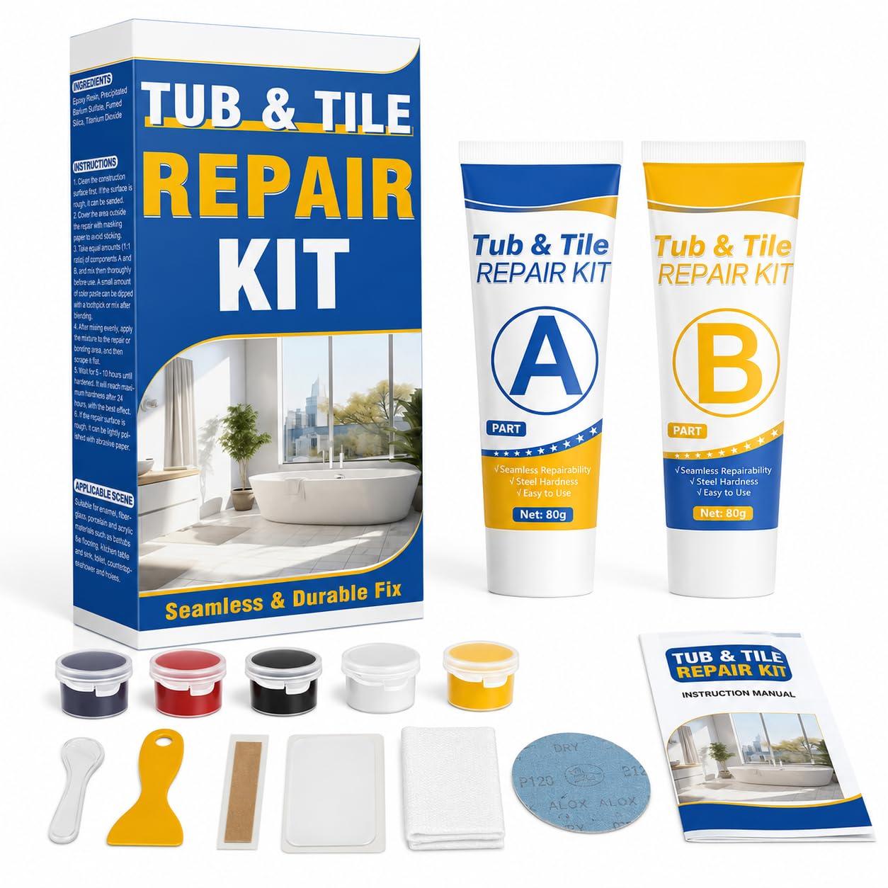 Tub and Tile Repair Kit, Waterproof Porcelain Bathtub Repair Paste, Fix Cracked Chipped Scratched Ceramic Tile, Shower Floor & Sink Hole Restoration, White Durable Bathroom Surface Repair Tool