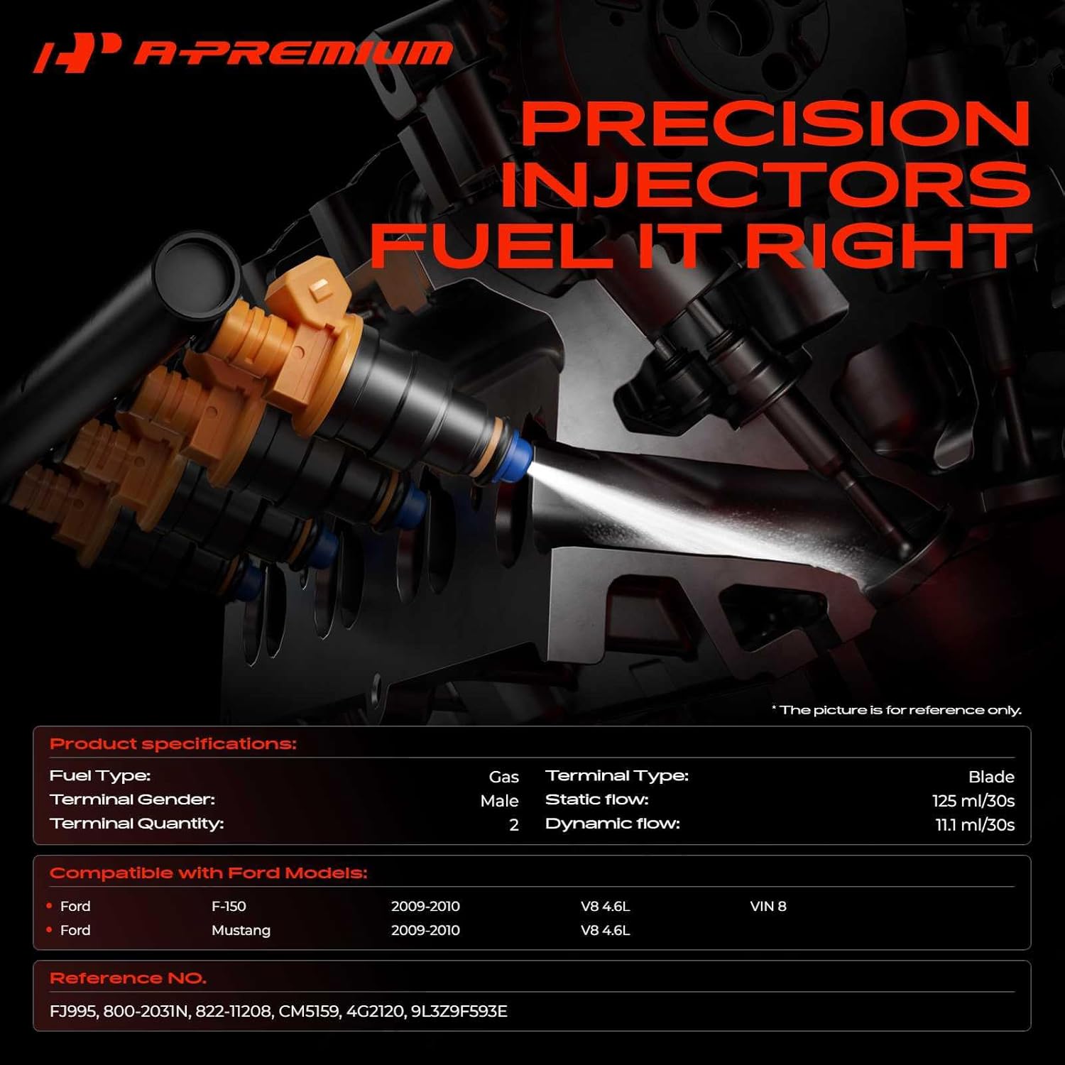 A-Premium Fuel Injectors Compatible with Ford F-150 2009-2010, Mustang 2009-2010, V8 4.6L, Gas, Set of 8, Replace# 9L3Z9F593E