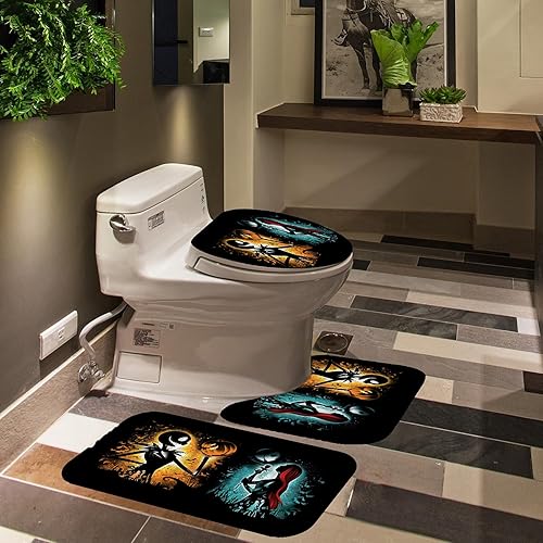 Miniatura 5 de DDQTOUCH Juego de baño de 4 piezas con cortina de ducha y alfombras, juego de cortina de ducha de Halloween Jack Skellington con 12 ganchos (Jack-6)