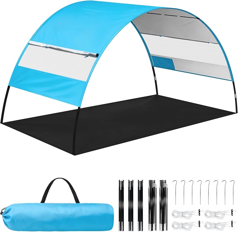 UPF 50+ Beach Tent Sun Shade for Beach | 3-4 Person Silver Coated Beach Tent with Sandproof Oxford Floor Mesh Windows and Storage Pockets Fiberglass Poles