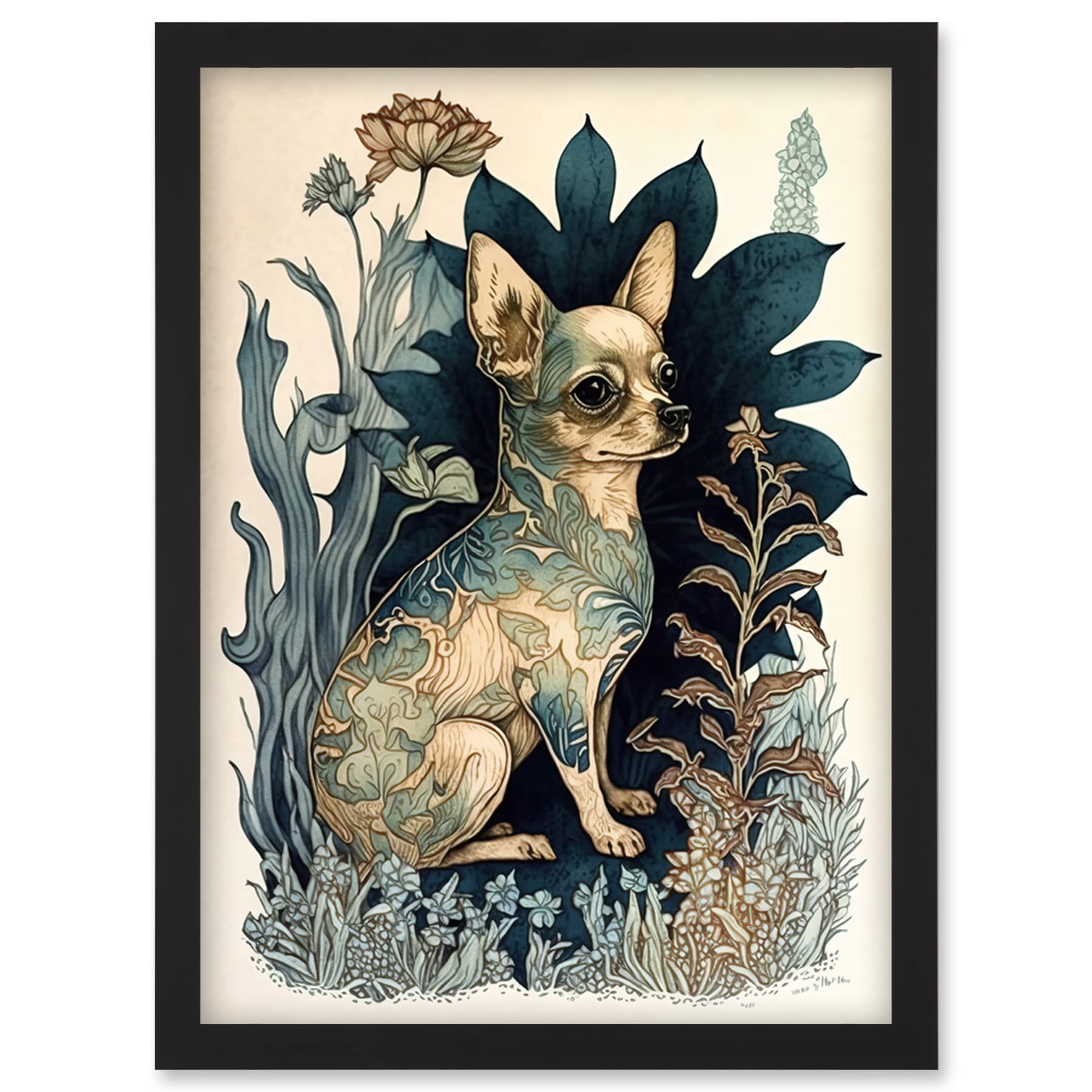 Chihuahua Dog Flower Pattern Fur Modern Framed Wall Art Picture Print A4