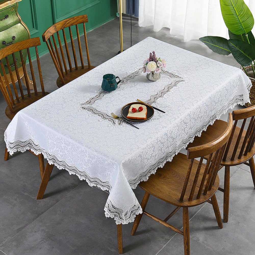 Nappe brodée de luxe blanche 150x250cm en coton d'art pour table à manger élégante