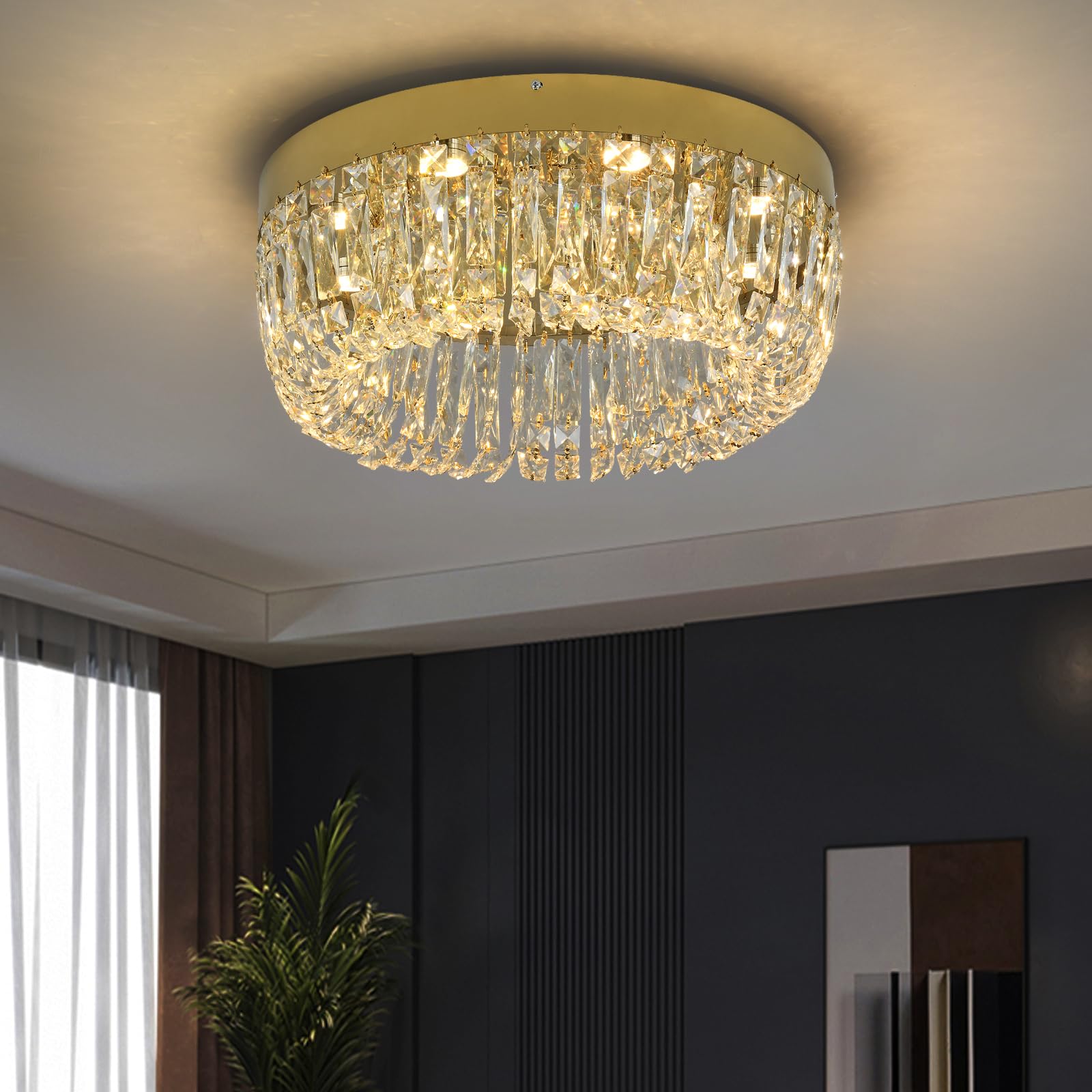 Deckrico Luxury Gold Crystal Chandelier Flush Mount Ceiling Light, 50cm Modern LED Lighting Fixture for Bedroom Kitchen Dining Room Living Room