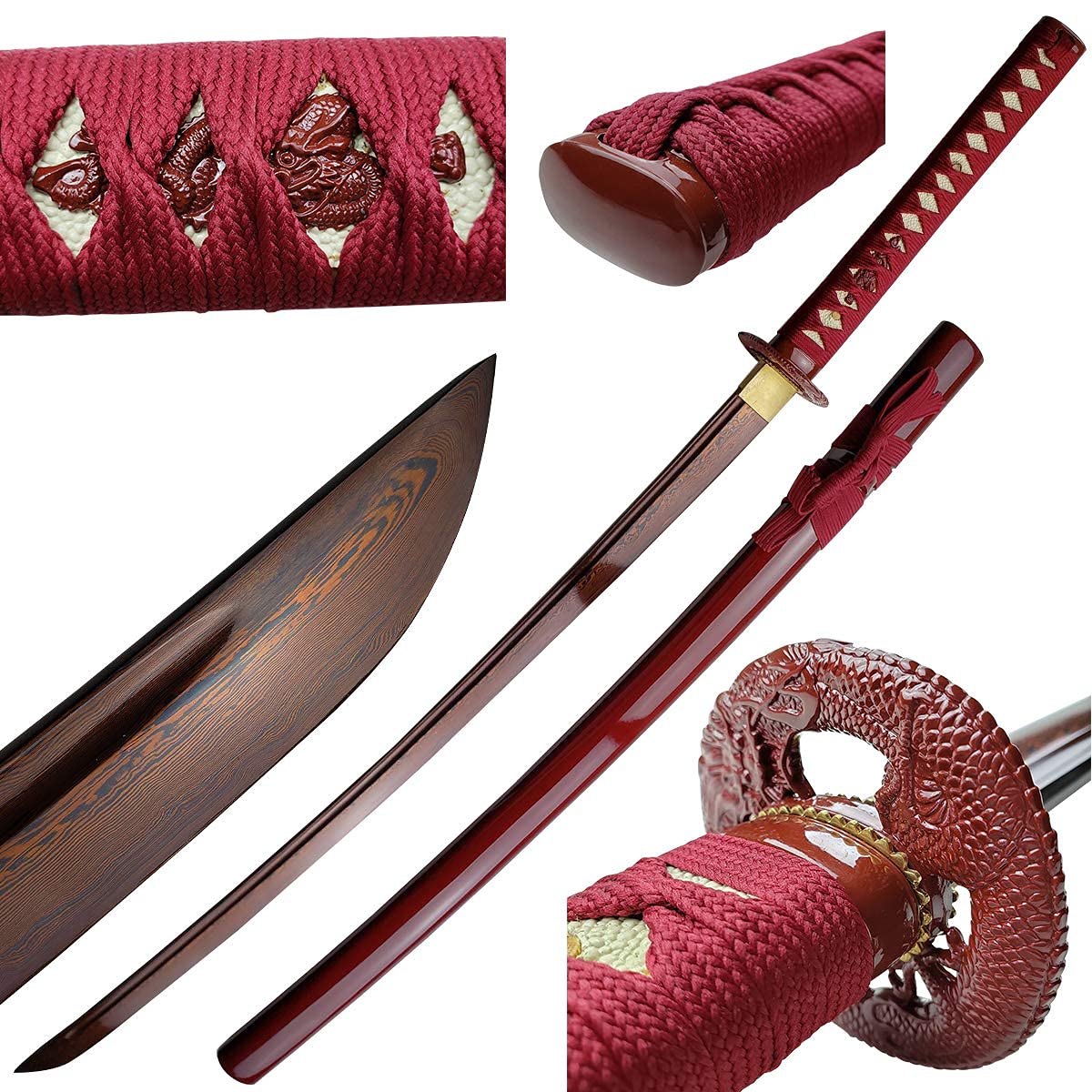 Musha Hand Forged Katana/Samurai Sword - Damascus Steel Blade Titianium Coating Blade - Razor Sharp, Full Tang, Fully Functional, Battle Ready (Red)