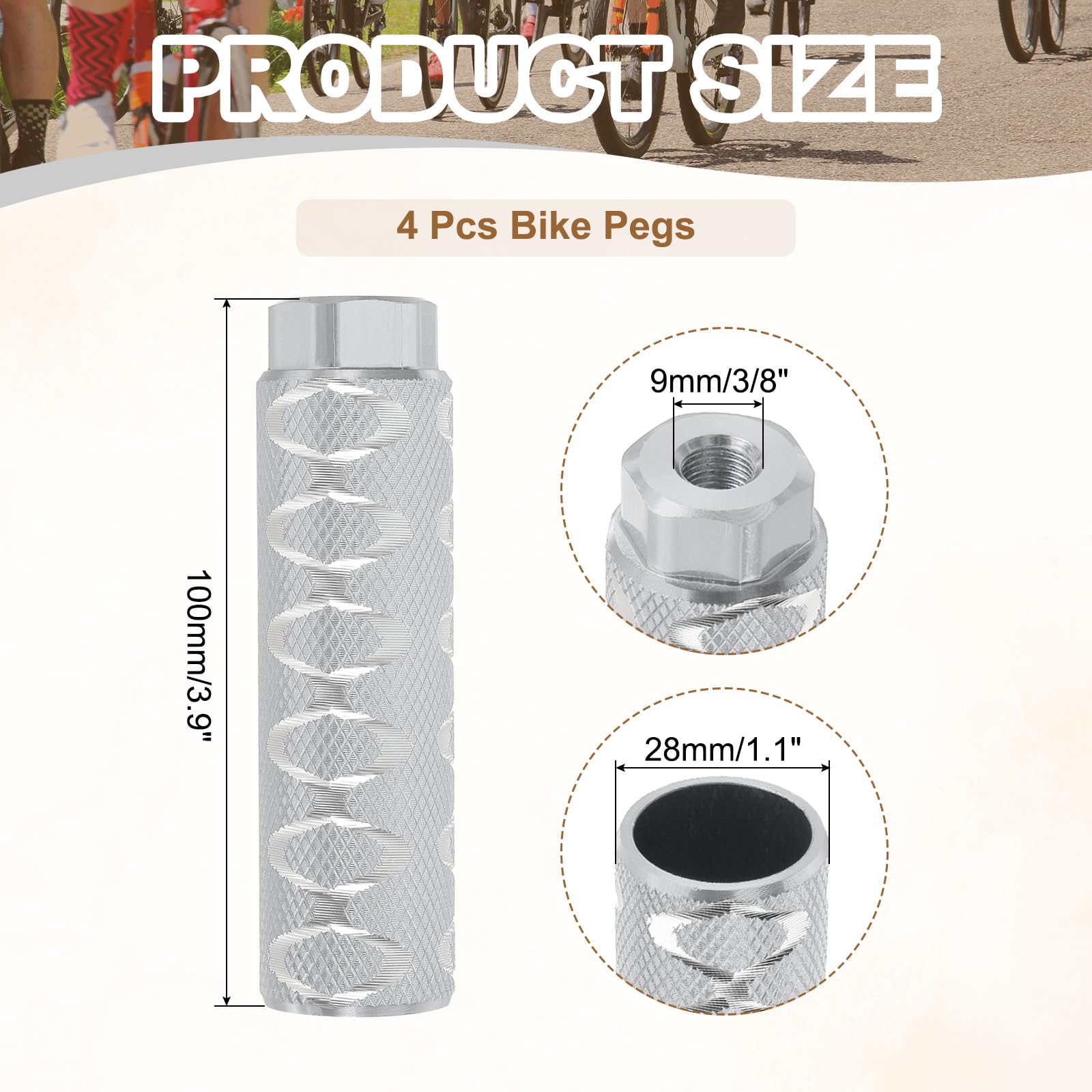 PATIKIL Fahrrad-Pegs passen auf 3/8-Zoll-Achsen, 4er-Pack Aluminiumlegierung Anti-Rutsch-Fußfahrrad-Pegs für BMX Mountain Dirt Bike Cycling Rear Stunt Pegs, Silber
