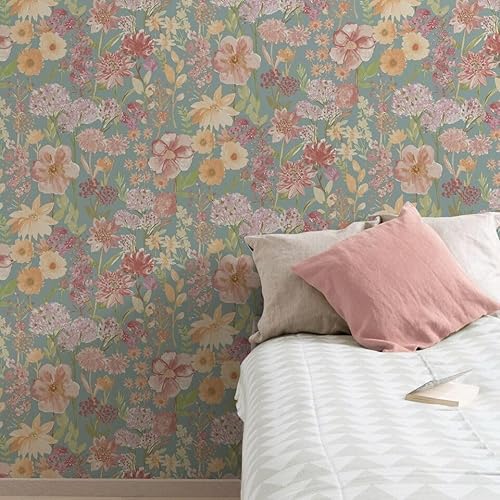 SOPHIE LAURENCE Wildflowers Blue Wallpaper - Vibrant Pink & Purple Floral Print, Washable, Paste The Paper, Blue Modern Floral Design, 0.53m x 10.05m Roll, Perfect for Any Room, Wet Removable
