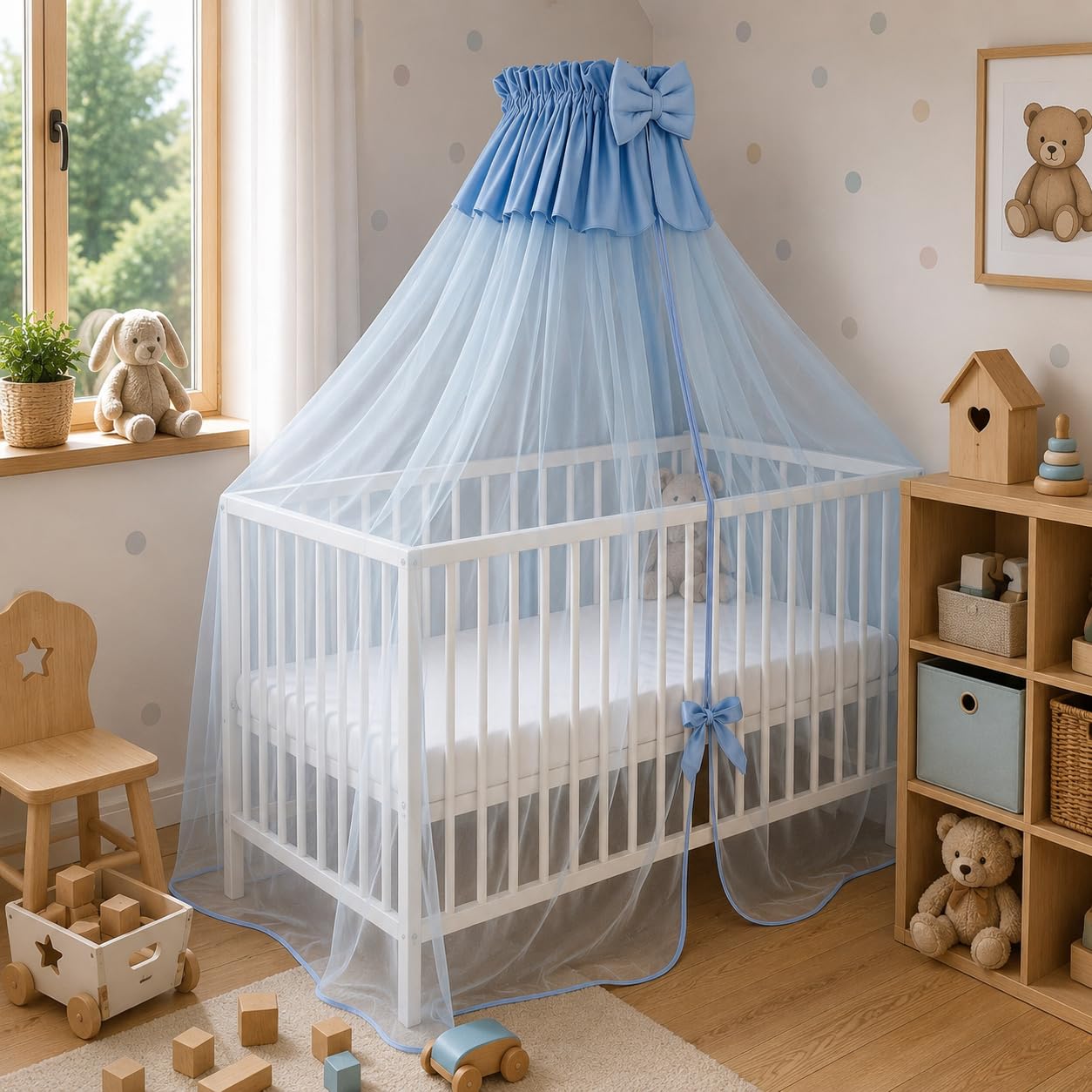 Moskitonetz für Babybett 480 × 165 cm, kompletter Baldachin mit Rahmen (Blau)
