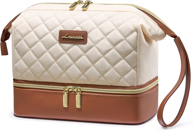 LOVEVOOK Estojo de Maquiagem para Viagem com 2 Compartimentos e Porta-pincéis, Bege e Marrom