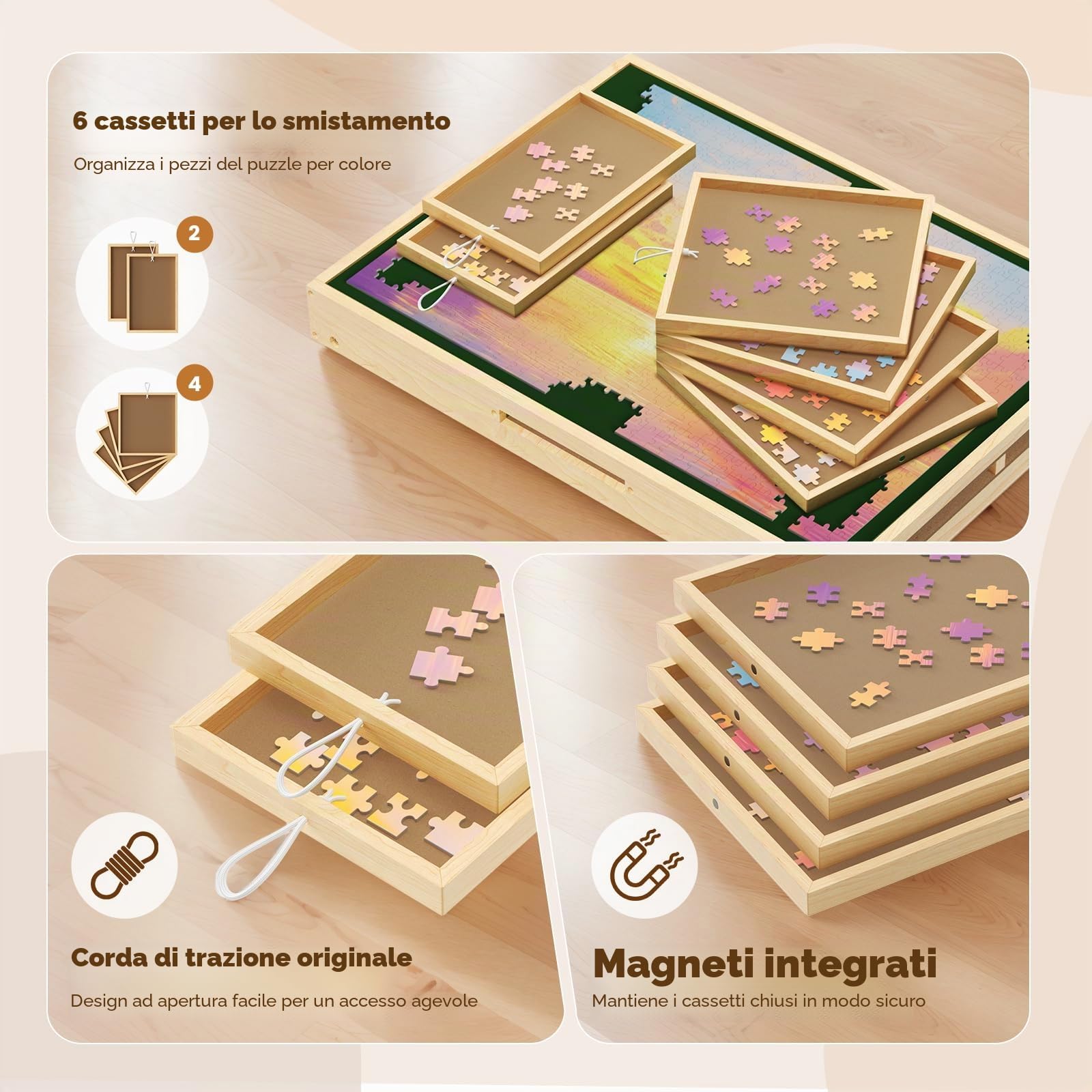 Puzzle da 1000 Pezzi, Supporto Regolabile, Tavolo in Legno per Puzzle, Puzzle con 6 Scomparti e 1 Copertura