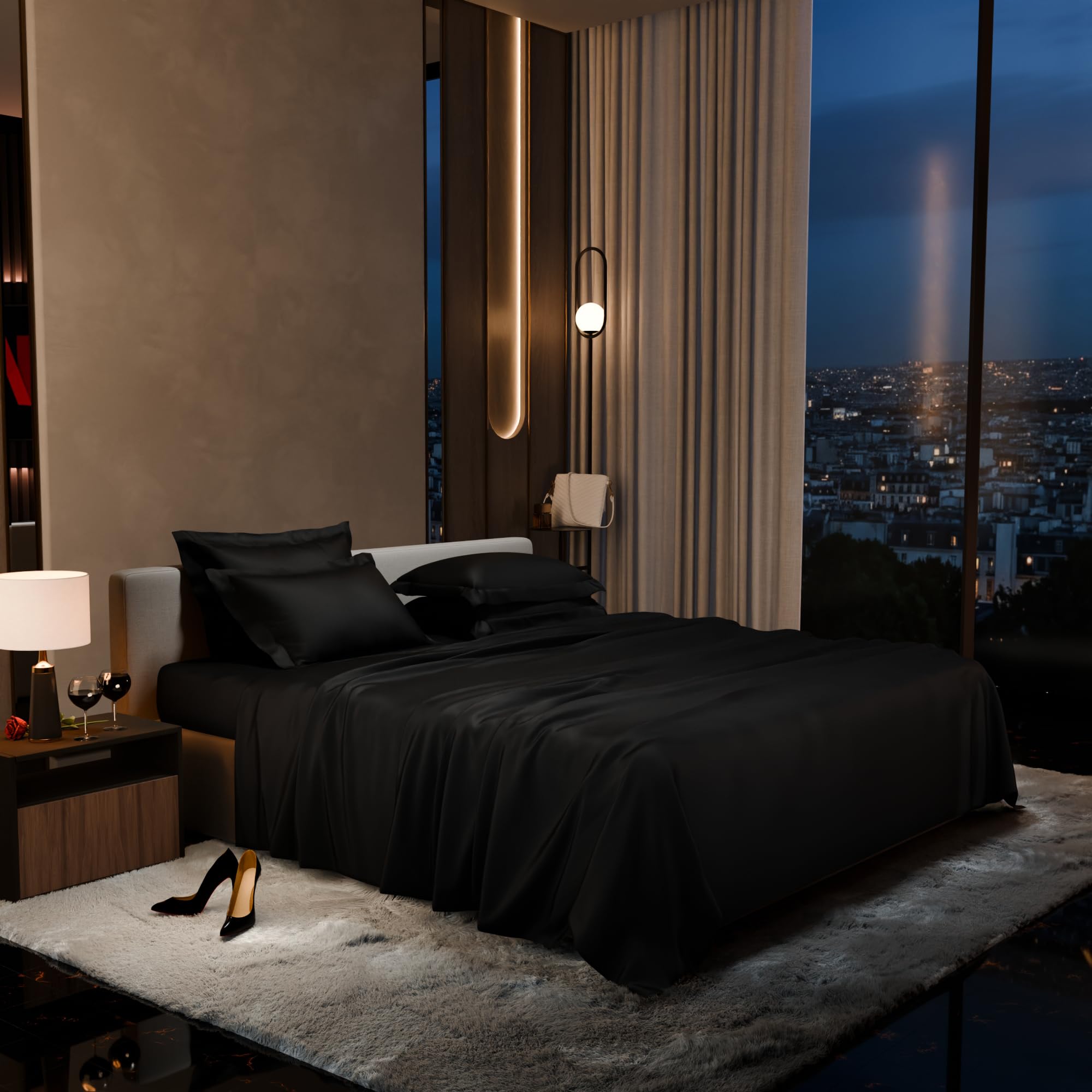 Stoa Paris Super King Size Bedsheet with 4 Pillow Covers, 300TC Satin Premium Bedding Set, Housewarming, Wedding Gift for Couple, Date Night - Midnight Black