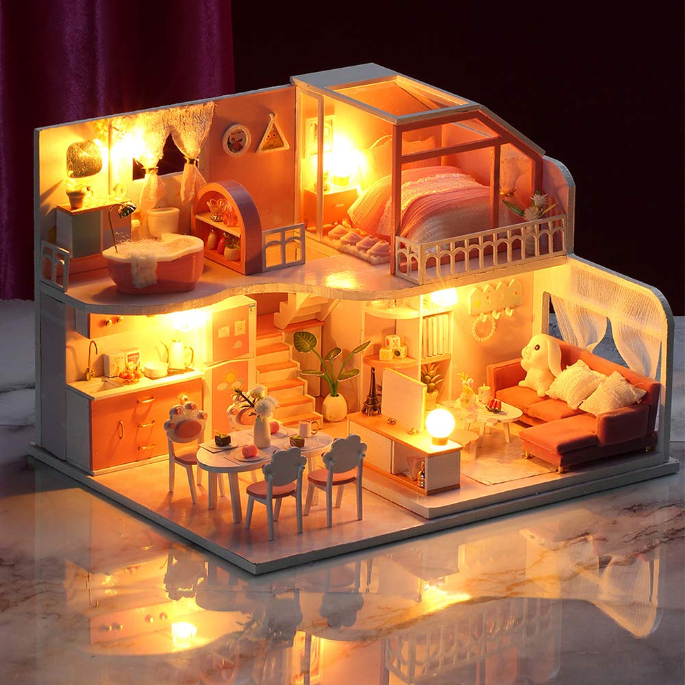 Miniaturowy Domek dla Lalek z Meblami, Drewniany Domek dla Lalek 3D DIY ze światłami LED dla przyjaciół Rodziny Dzieci (z osłoną przeciwpyłową)