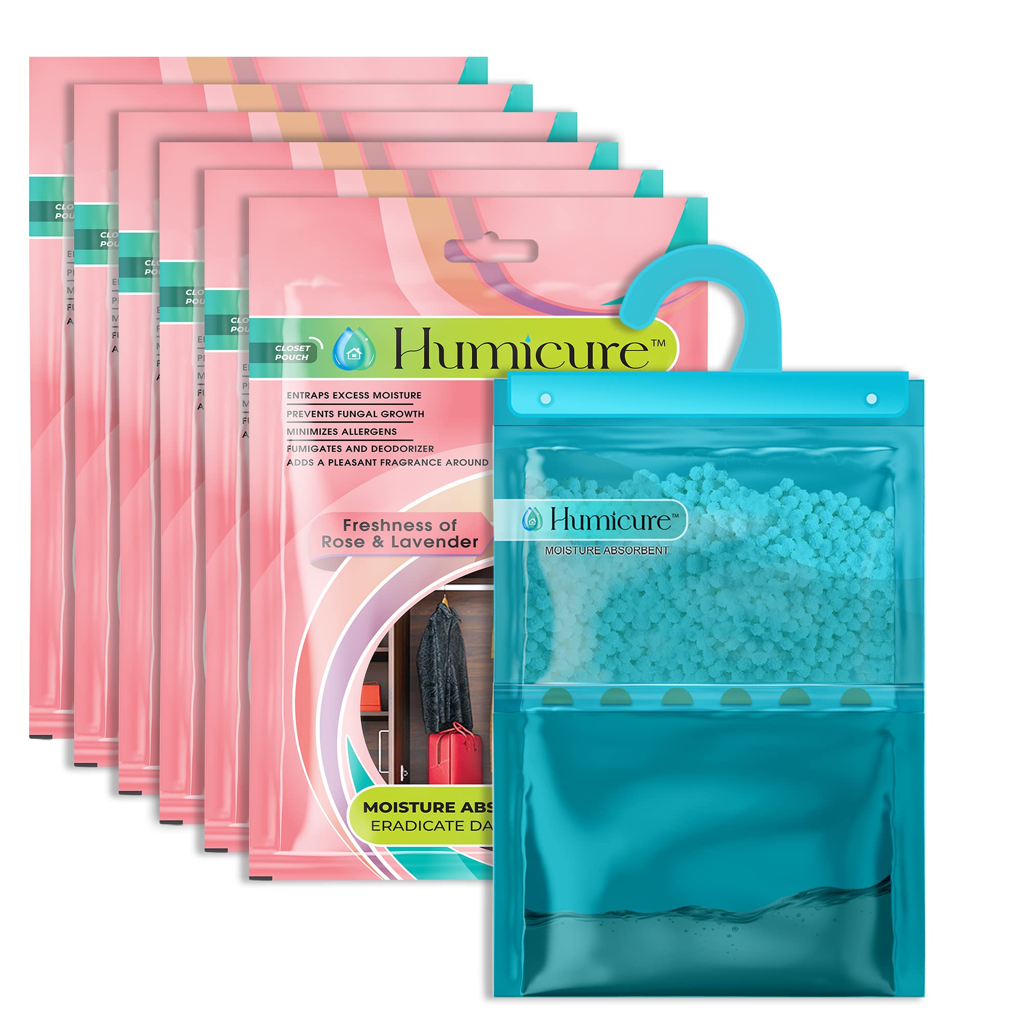 Humicure Moisture Absorber Dehumidifier Hanging Bags with 1 Litre Absorption Capacity for Wardrobe, Bathroom, Kitchen and Bedroom; Prevents Mould & Fungus (Pack of 6, 400gram each, Rose & Lavender)
