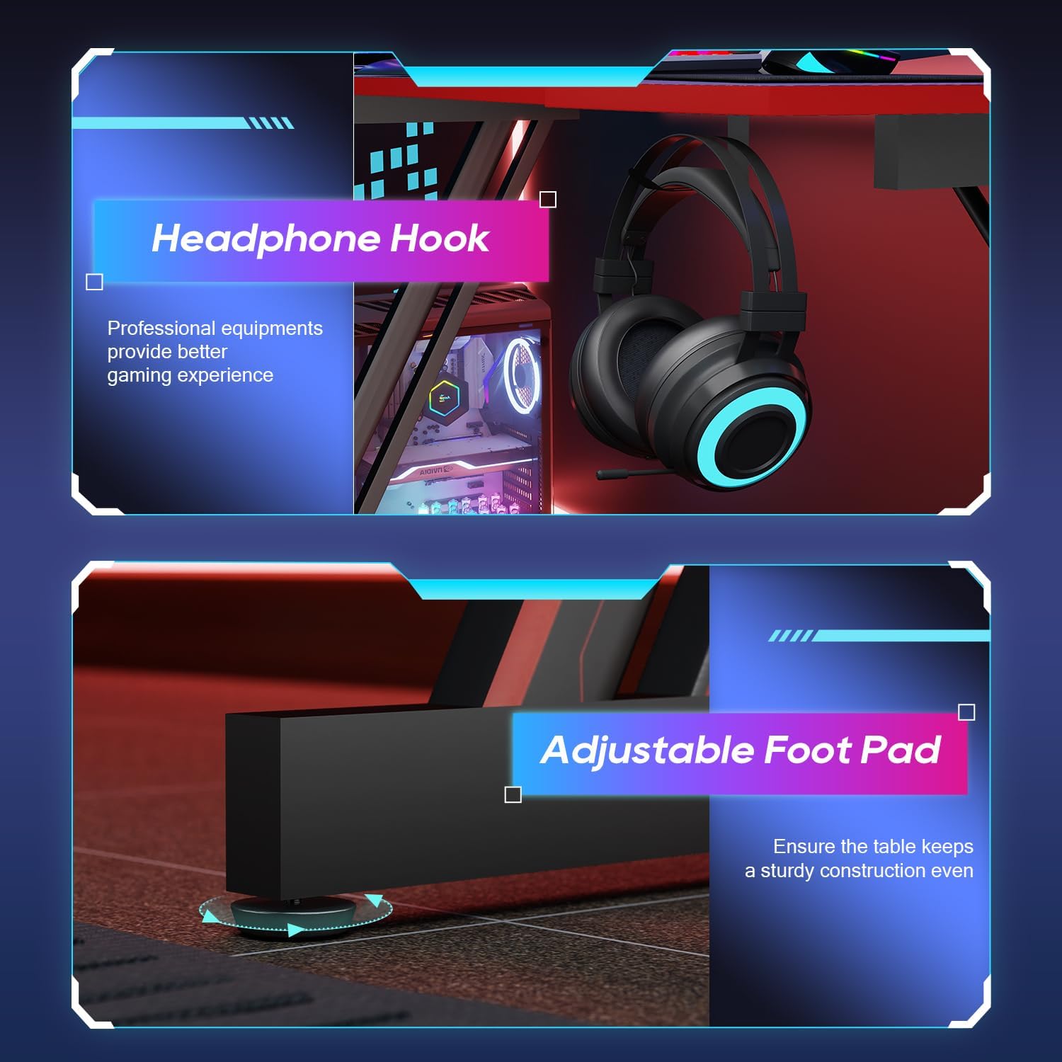 BestOffice Gmaing Desk Z Shaped 47 inch PC Computer Desk Computer Workstation Ergonomic Gaming Table with Headphone Hook for Game Players, Black&Red