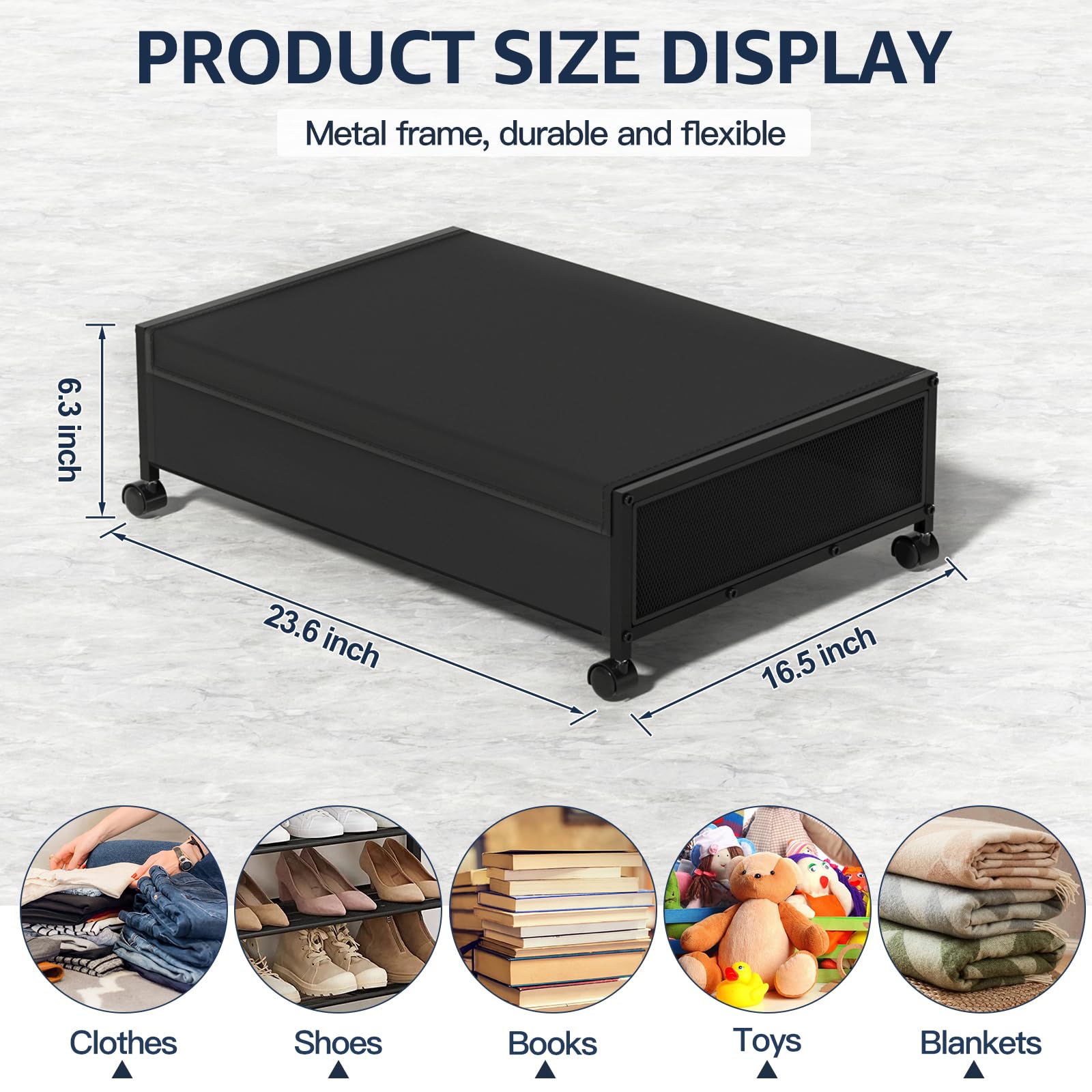 Contenitore sotto il letto con ruote, contenitore sotto il letto con coperchio, contenitori in metallo, contenitore per scarpe, vestiti, giocattoli, snack, libri (1 confezione)