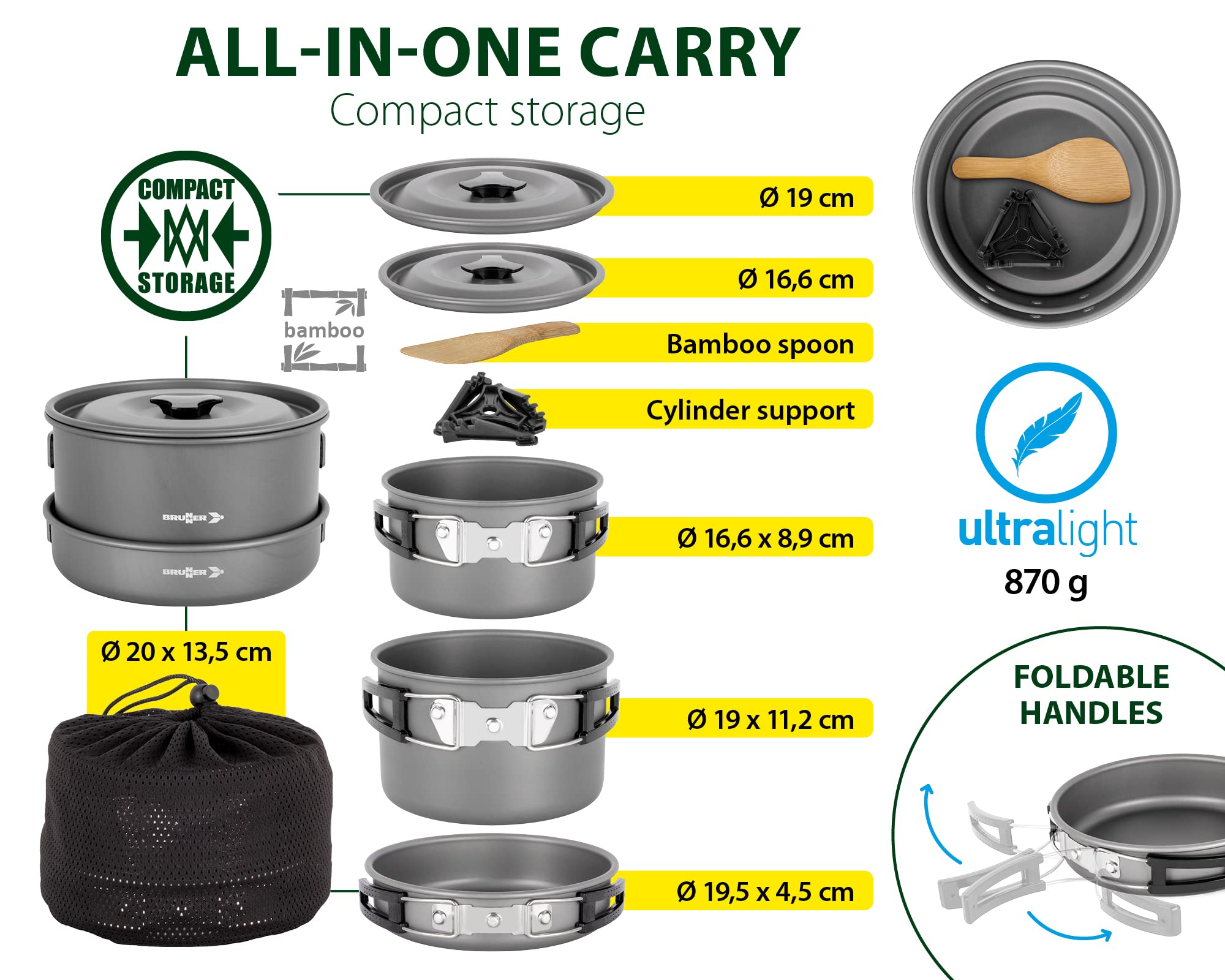 Brunner 0802026N Set Pentole Popote Outdoor in Alluminio Packpot Ultralite 20, per 4/5 Persone